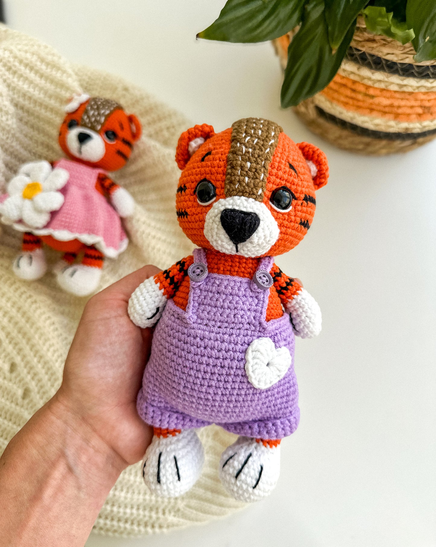 Crochet Tiger Boy Toy in Overalls – Amigurumi Baby Gift Handmade
