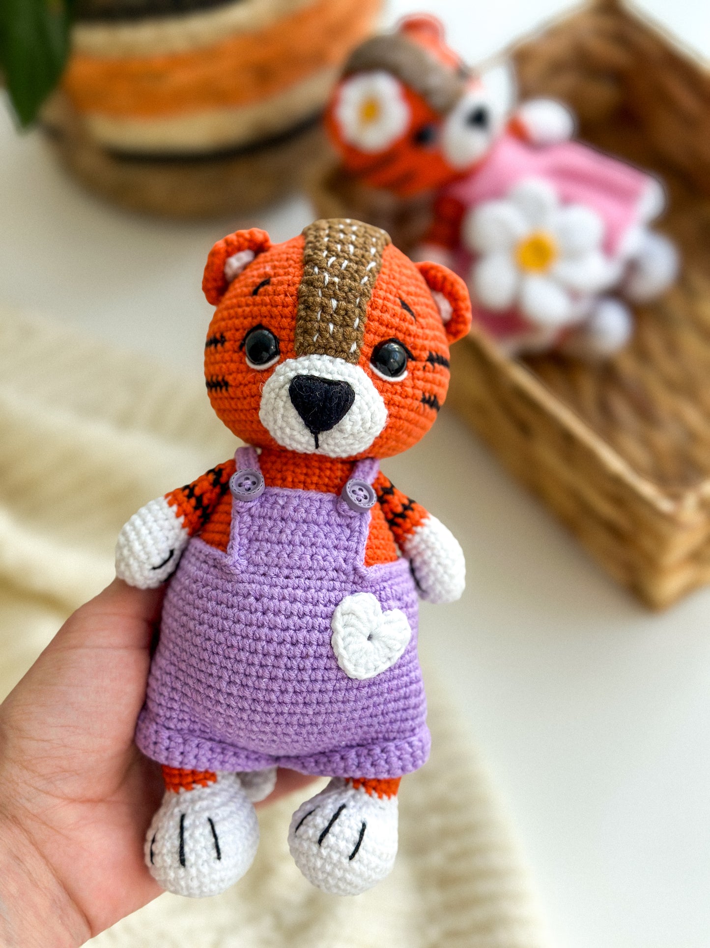 Handmade crochet tiger boy in overalls – soft amigurumi baby toy with hypoallergenic filling