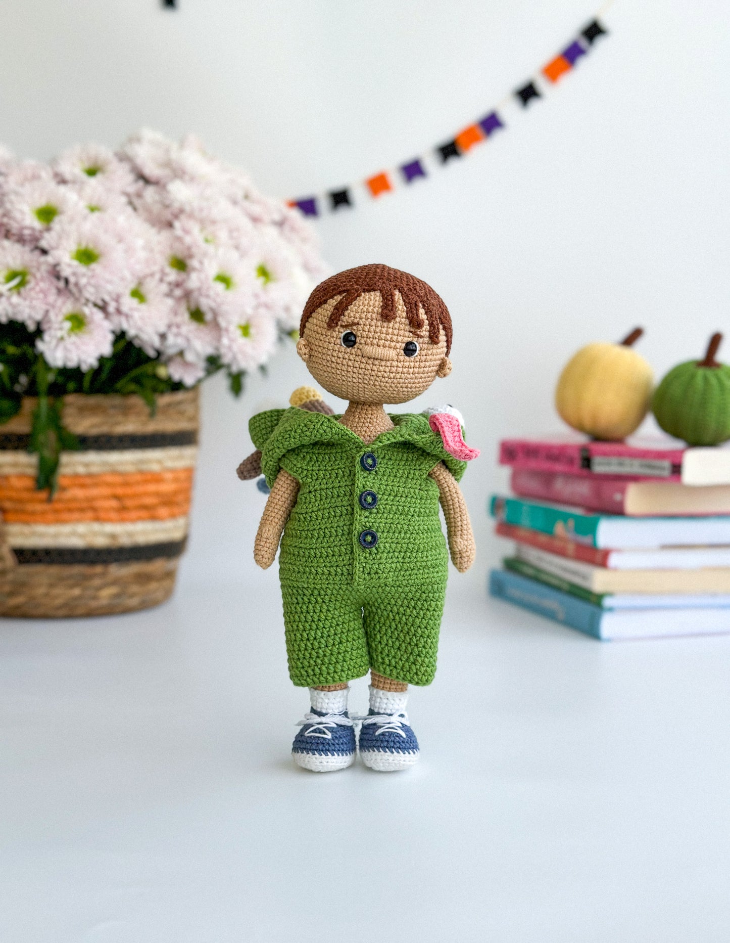 Crochet Boy Doll in Frog Overalls – Handmade Amigurumi Toy Gift