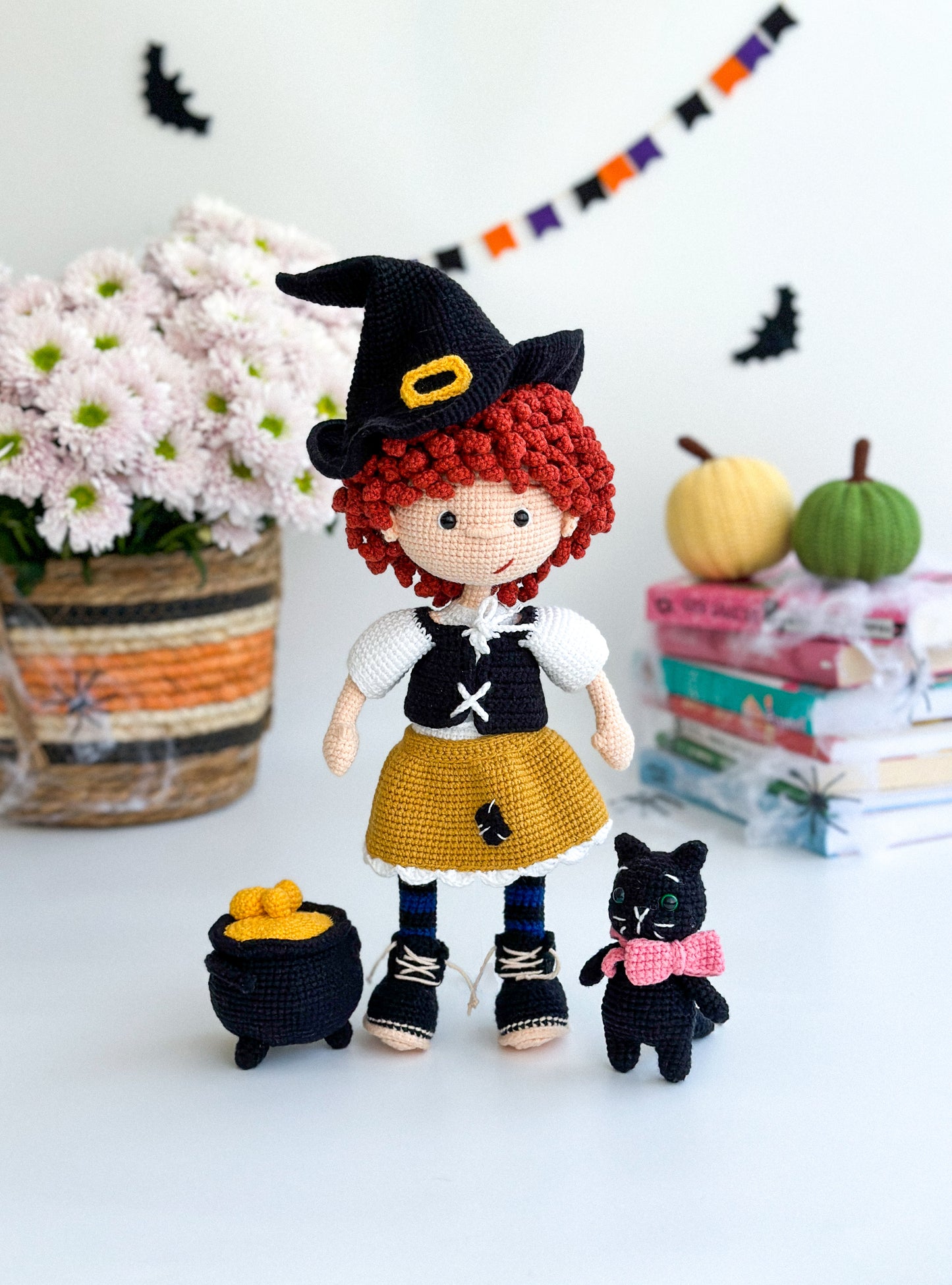 Crochet Witch Girl Doll – Handmade Amigurumi Halloween Gift with Cat