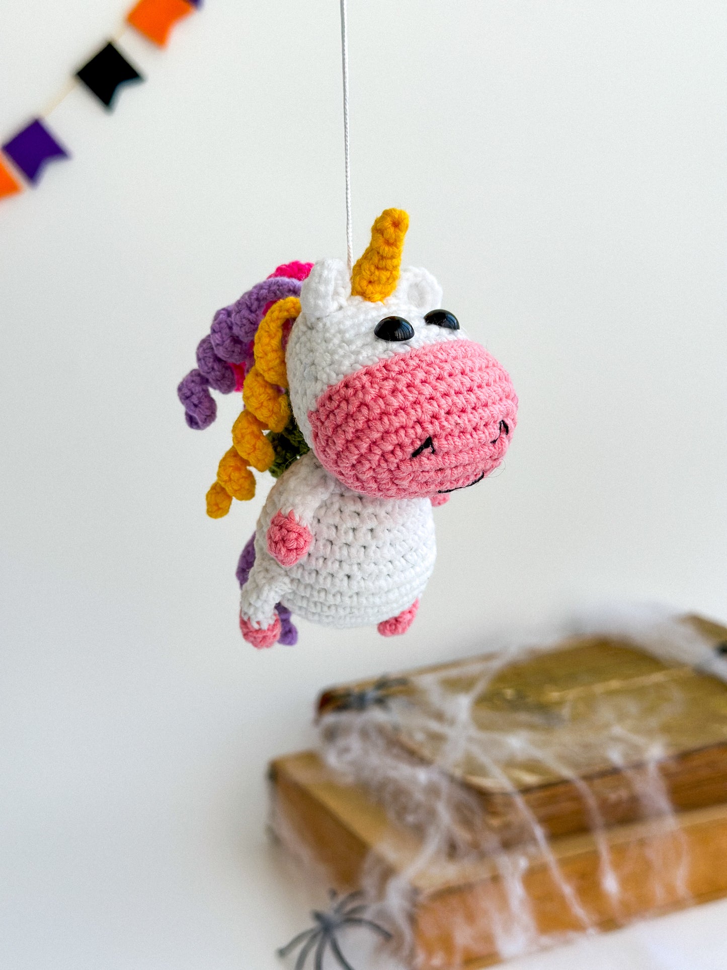 Crochet Unicorn Car Mirror Charm – Amigurumi Rearview Hanger, Cute Plush Car Accessory, Handmade Unicorn Ornament