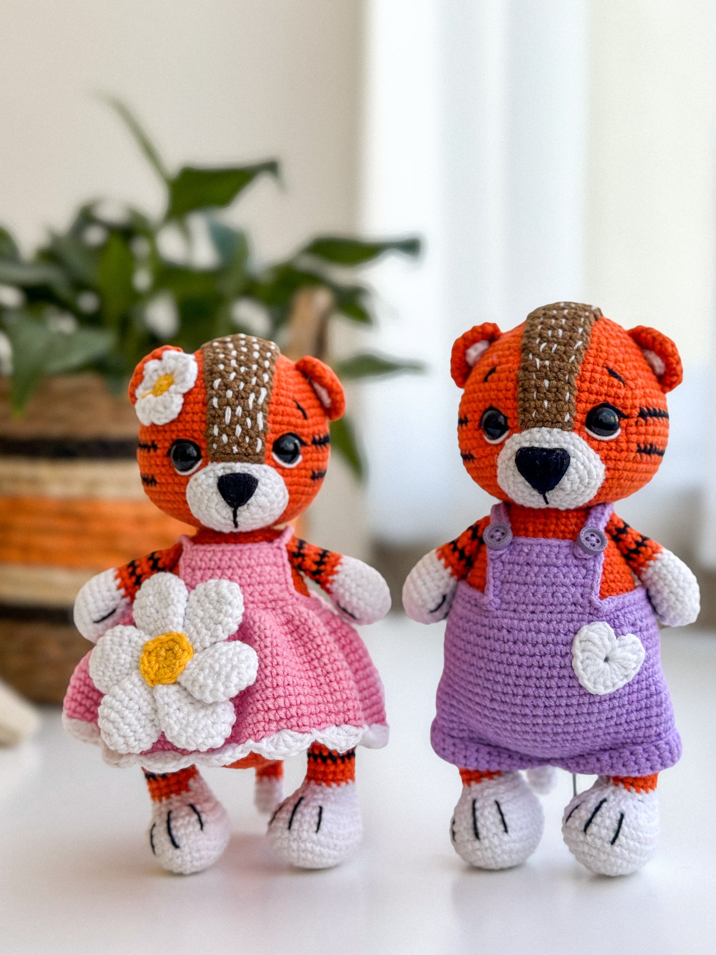 Handmade crochet tiger boy in overalls – soft amigurumi baby toy with hypoallergenic filling