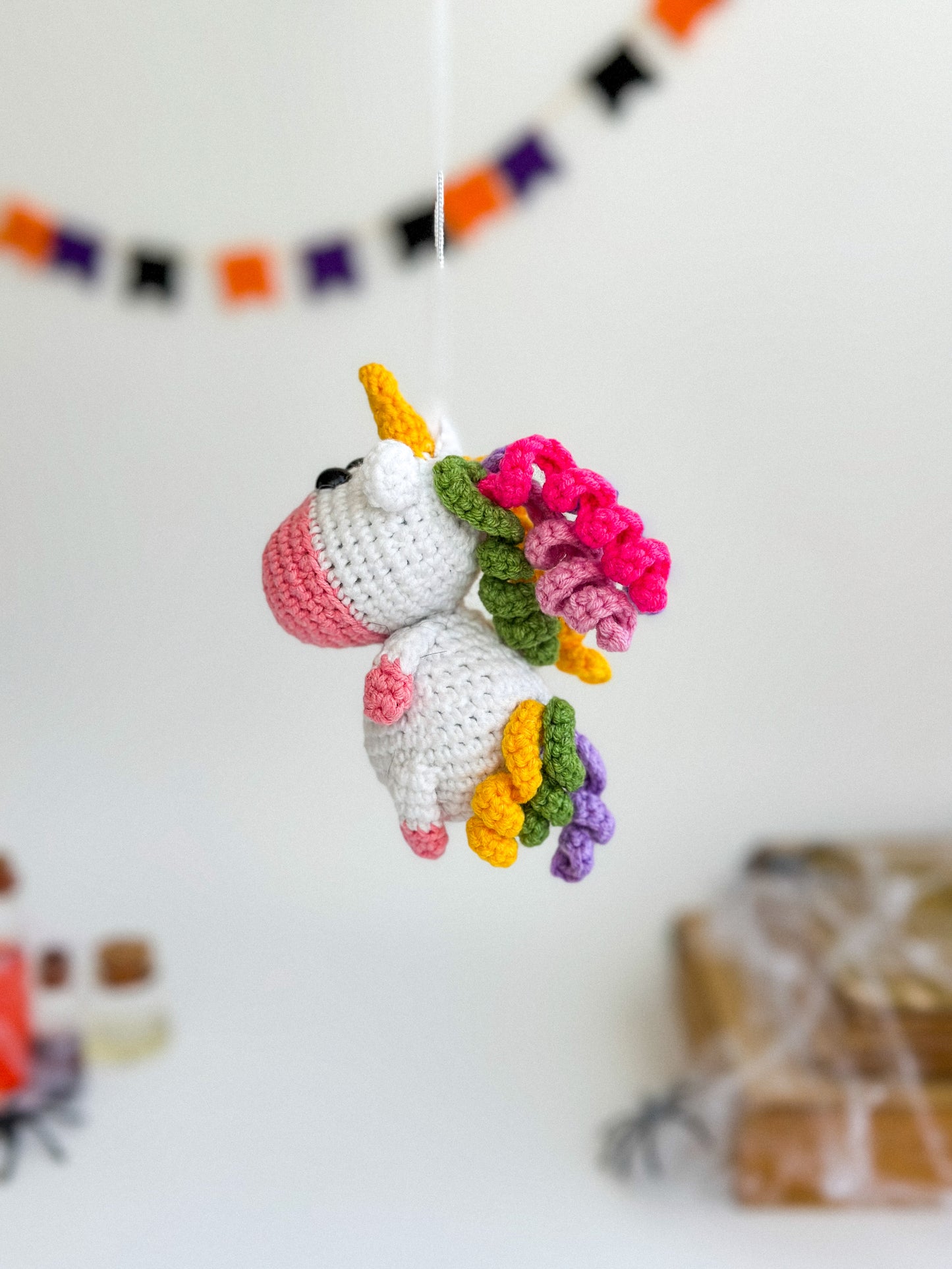 Crochet Unicorn Car Mirror Charm – Amigurumi Rearview Hanger, Cute Plush Car Accessory, Handmade Unicorn Ornament