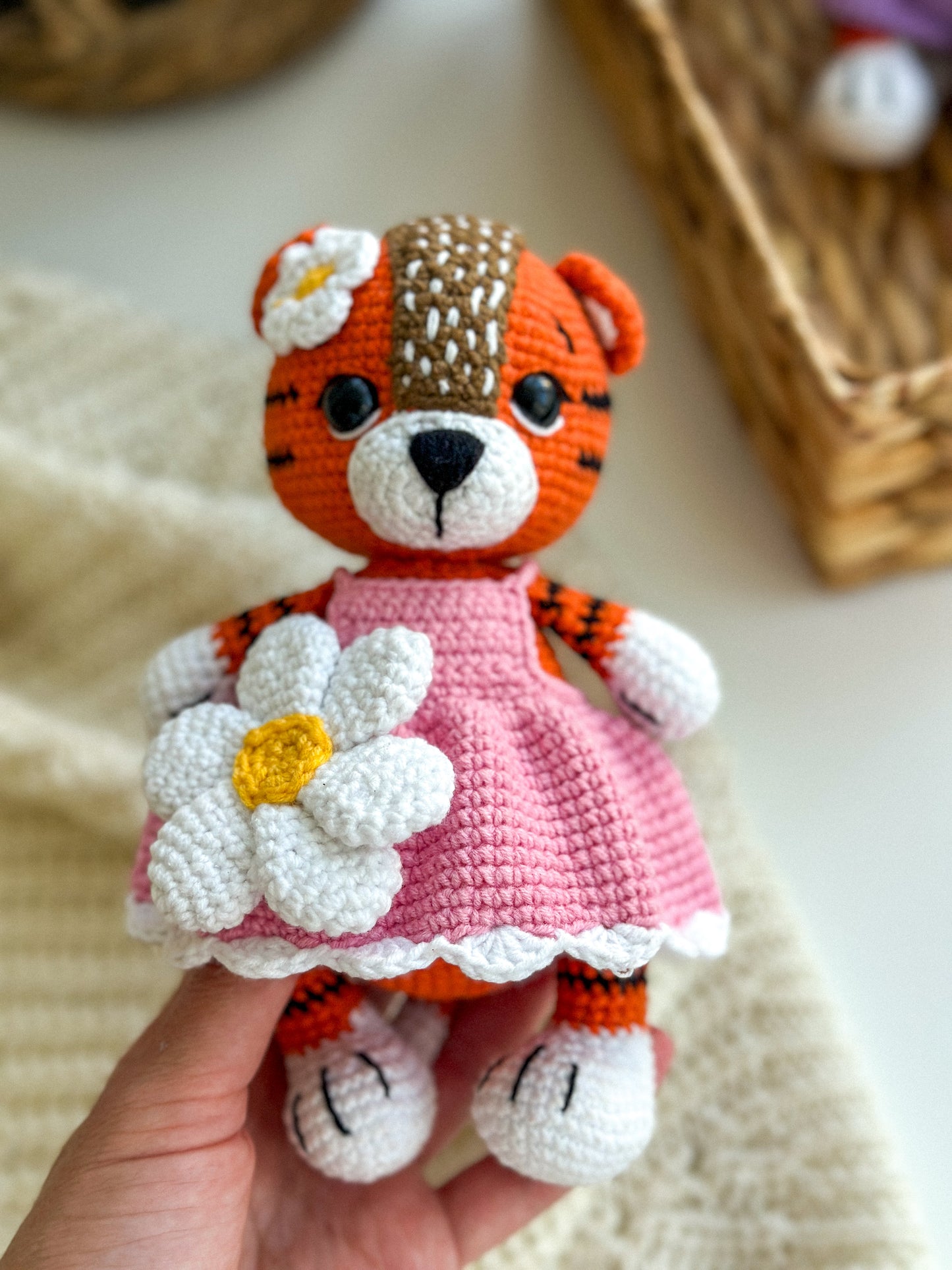 Crochet Tiger Toy in Pink Dress – Amigurumi Baby Gift for Girl or Boy
