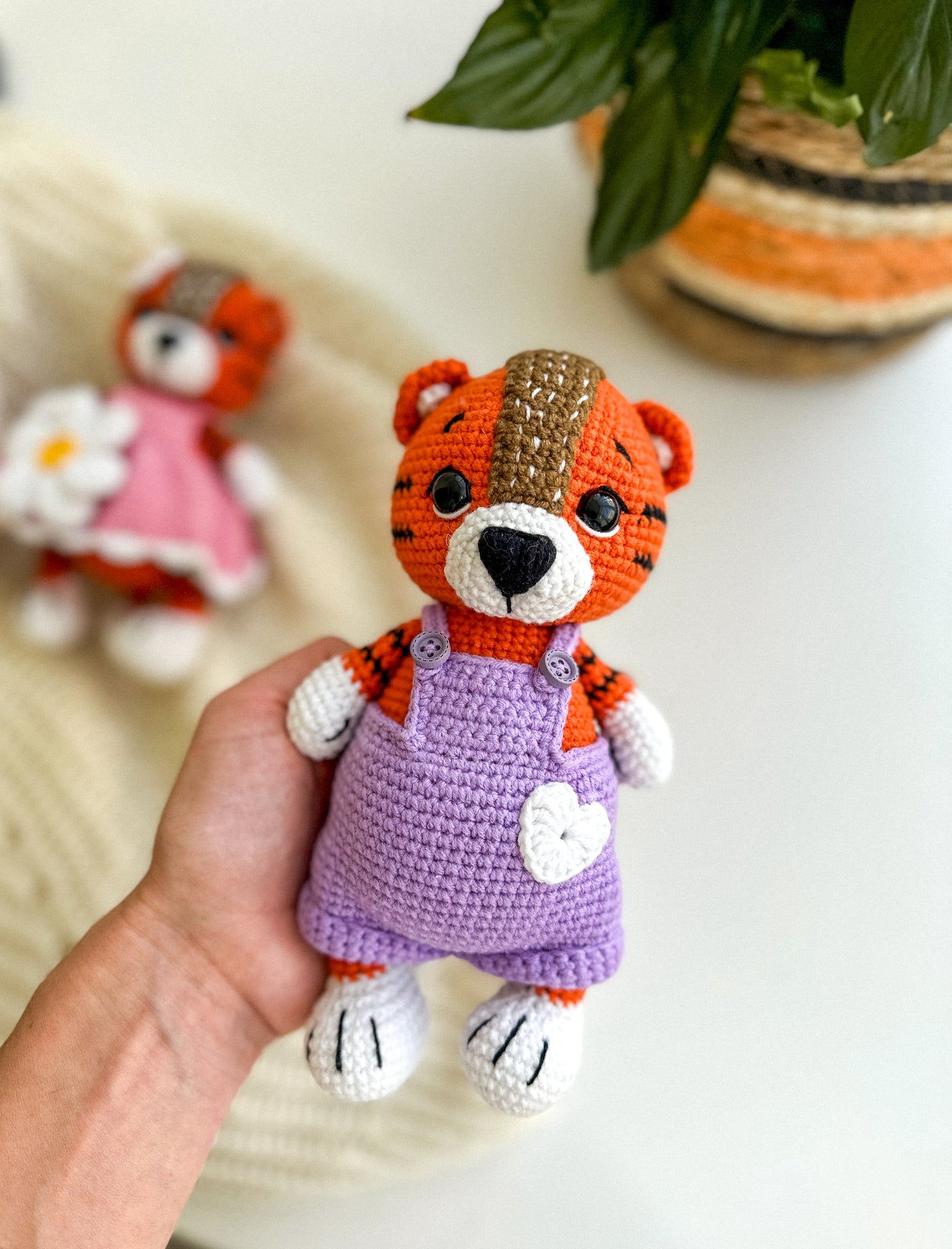 Handmade crochet tiger boy in overalls – soft amigurumi baby toy with hypoallergenic filling