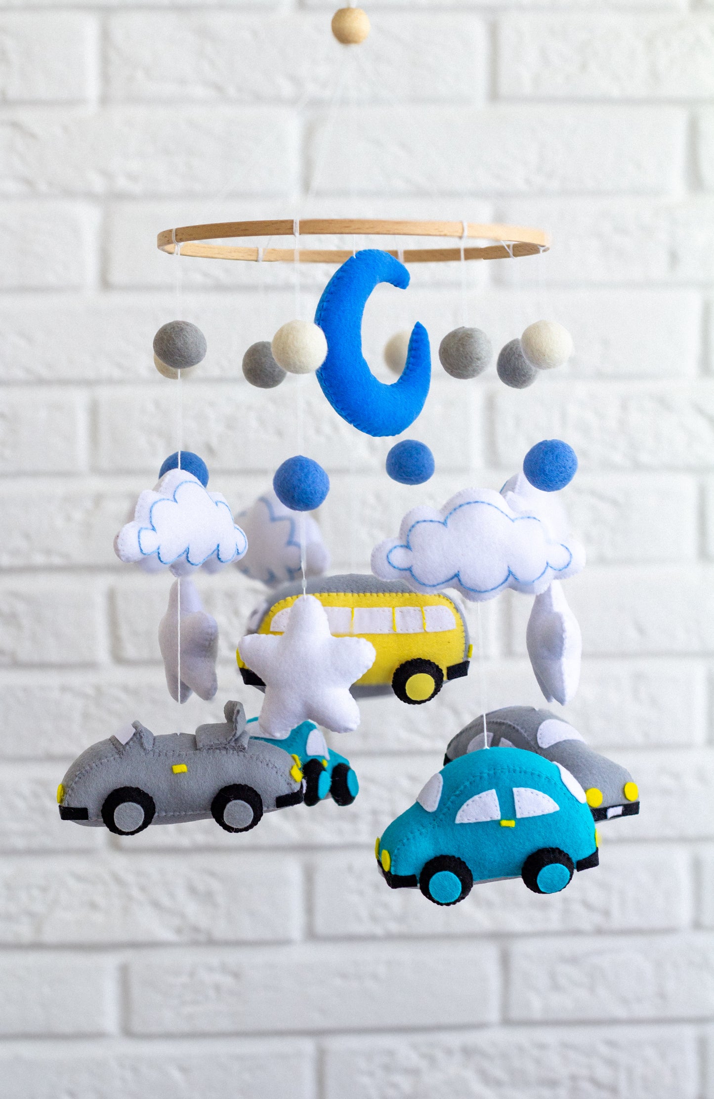 Handmade gray and blue baby mobile with cars and moon – felt nursery decor
