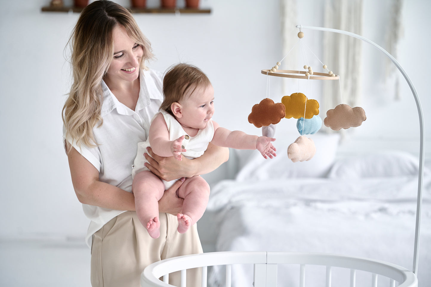 Modern pastel cloud baby mobile for newborns