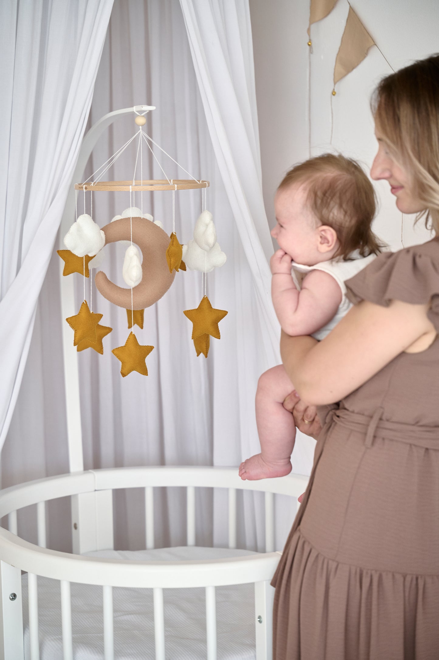 Boho nursery decor mobile – beige moon and stars