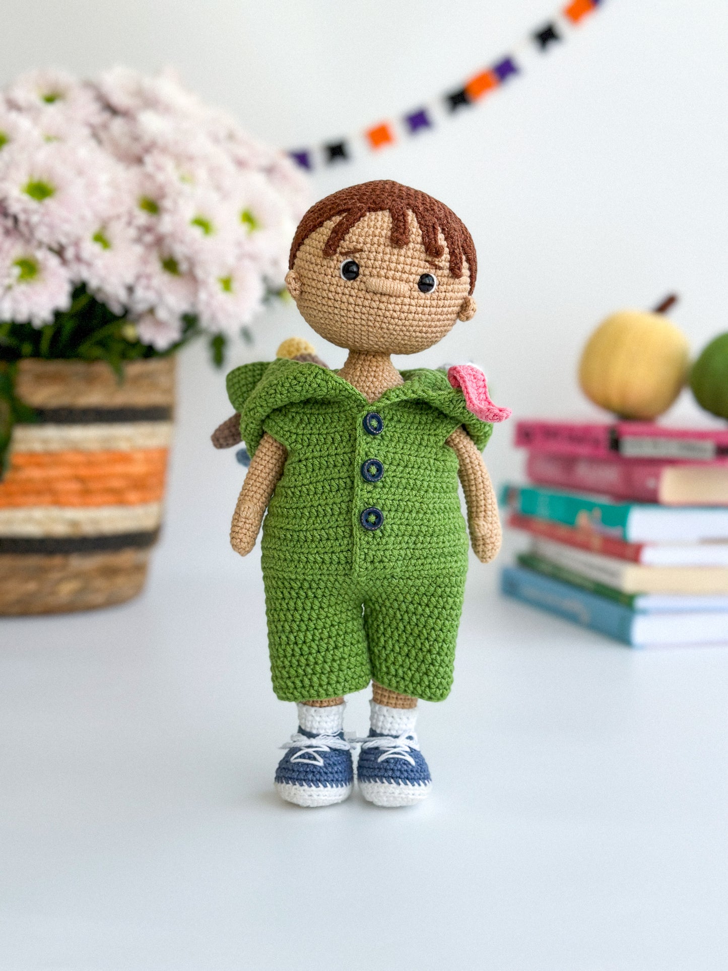 Handmade crochet boy doll in frog overalls – removable outfit, soft amigurumi toy, 27×12 cm