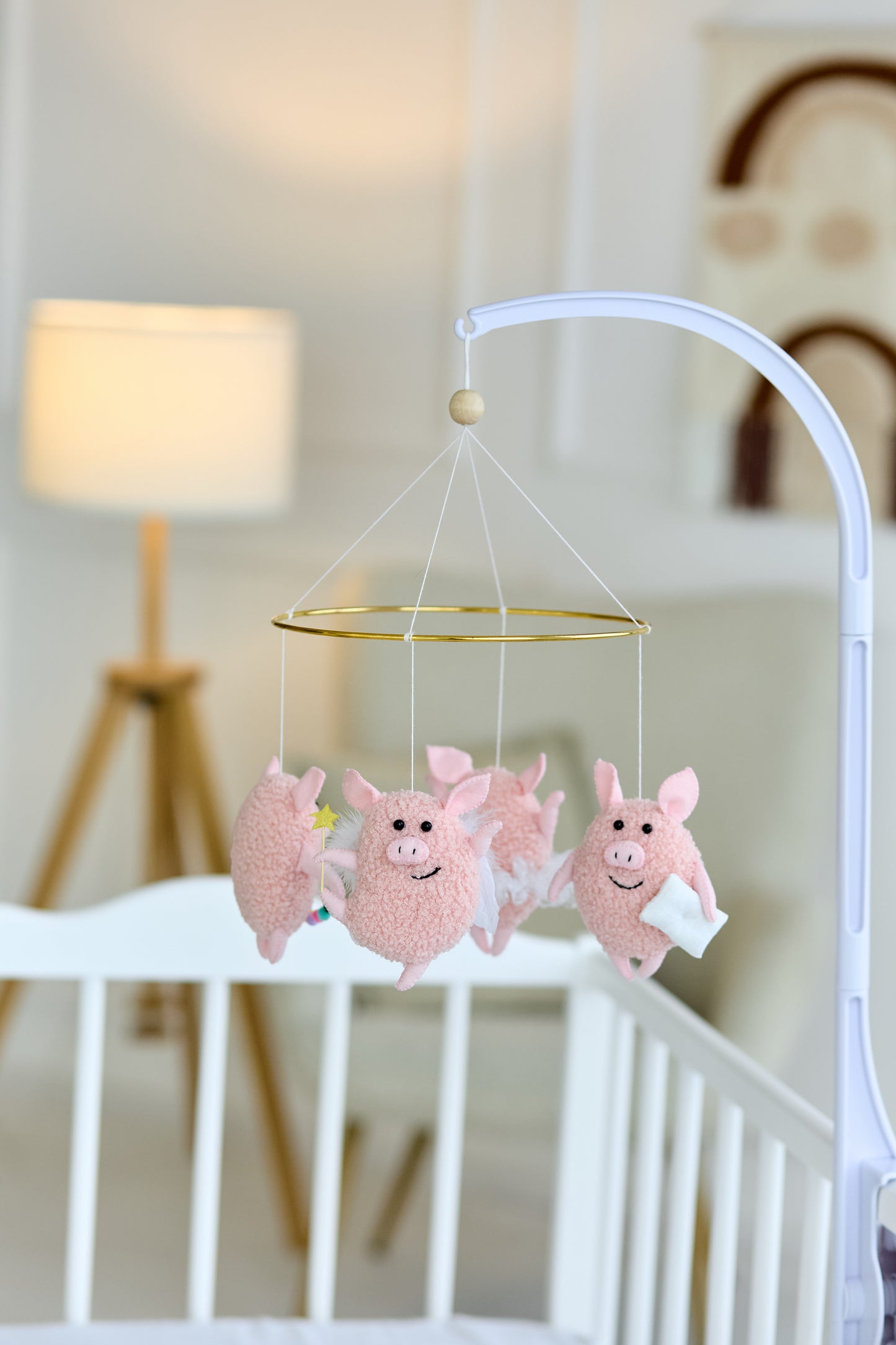 Baby Crib Mobile “Happy Piggies” – Felt and Boucle Farm Animal Mobile for Newborn | Handmade WoollyFox Nursery Decor
