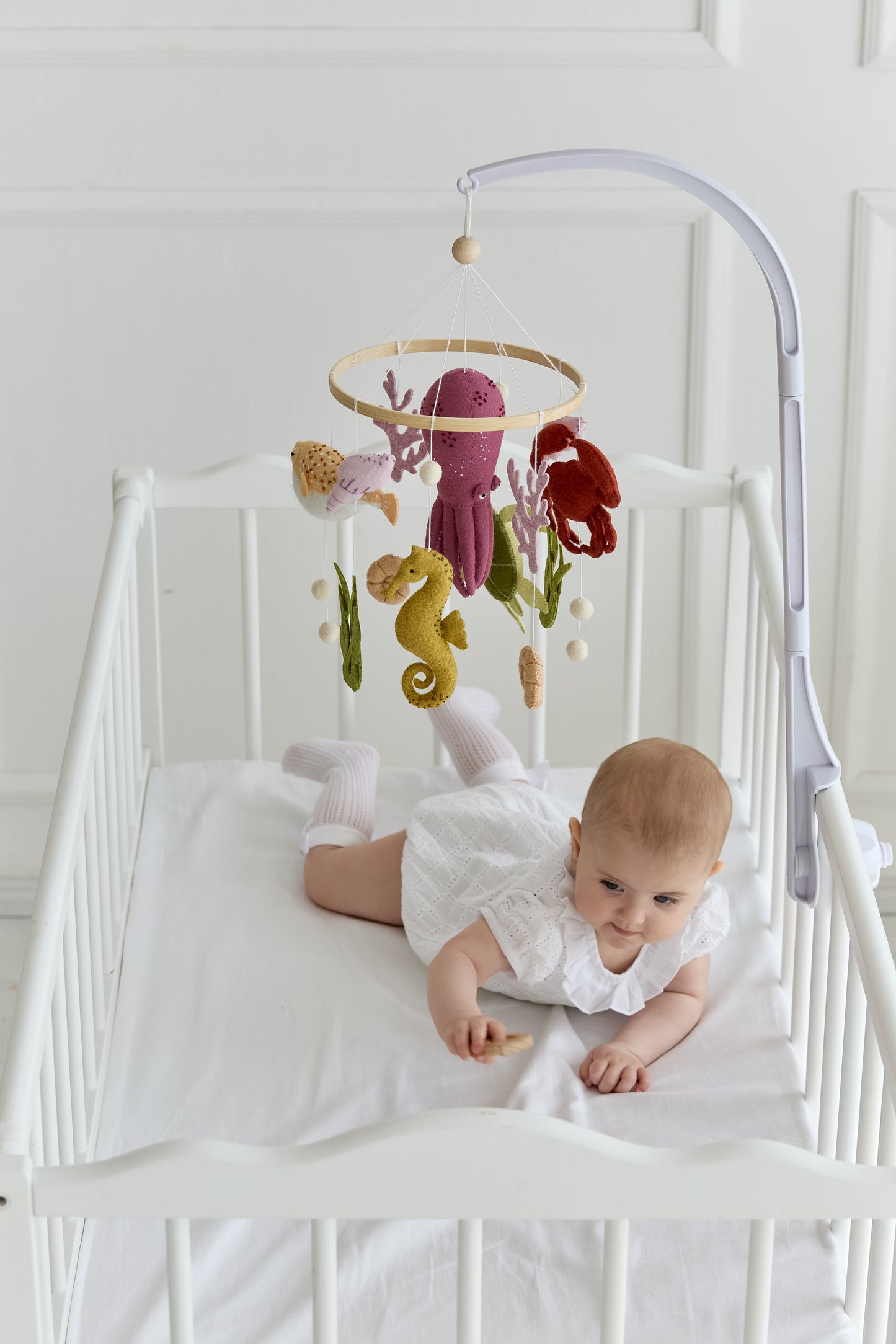 Turtle, crab, and fish hanging on wooden baby mobile