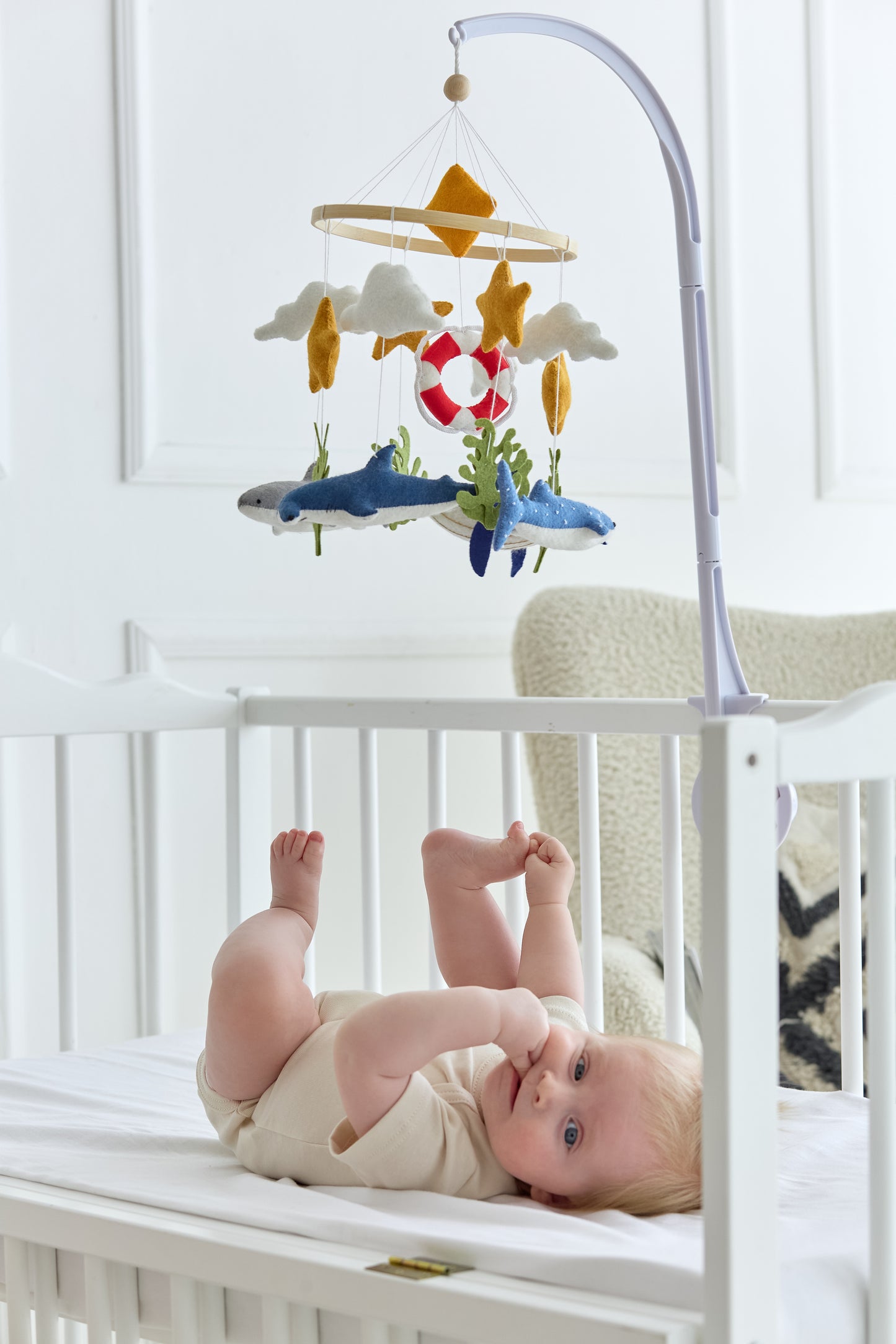 Shark and whale mobile with lifebuoy, seaweed, and wooden hoop