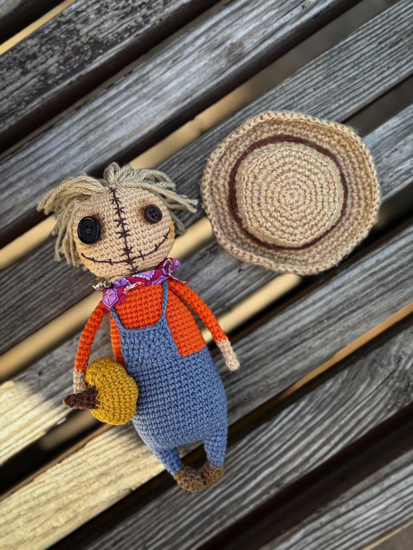 Crochet scarecrow plush with removable straw hat – handmade harvest season decoration
