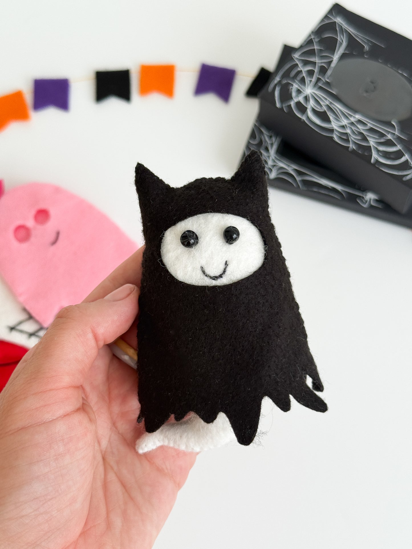 Handmade felt ghost toy in black cat Halloween costume – Montessori pretend play dress-up set