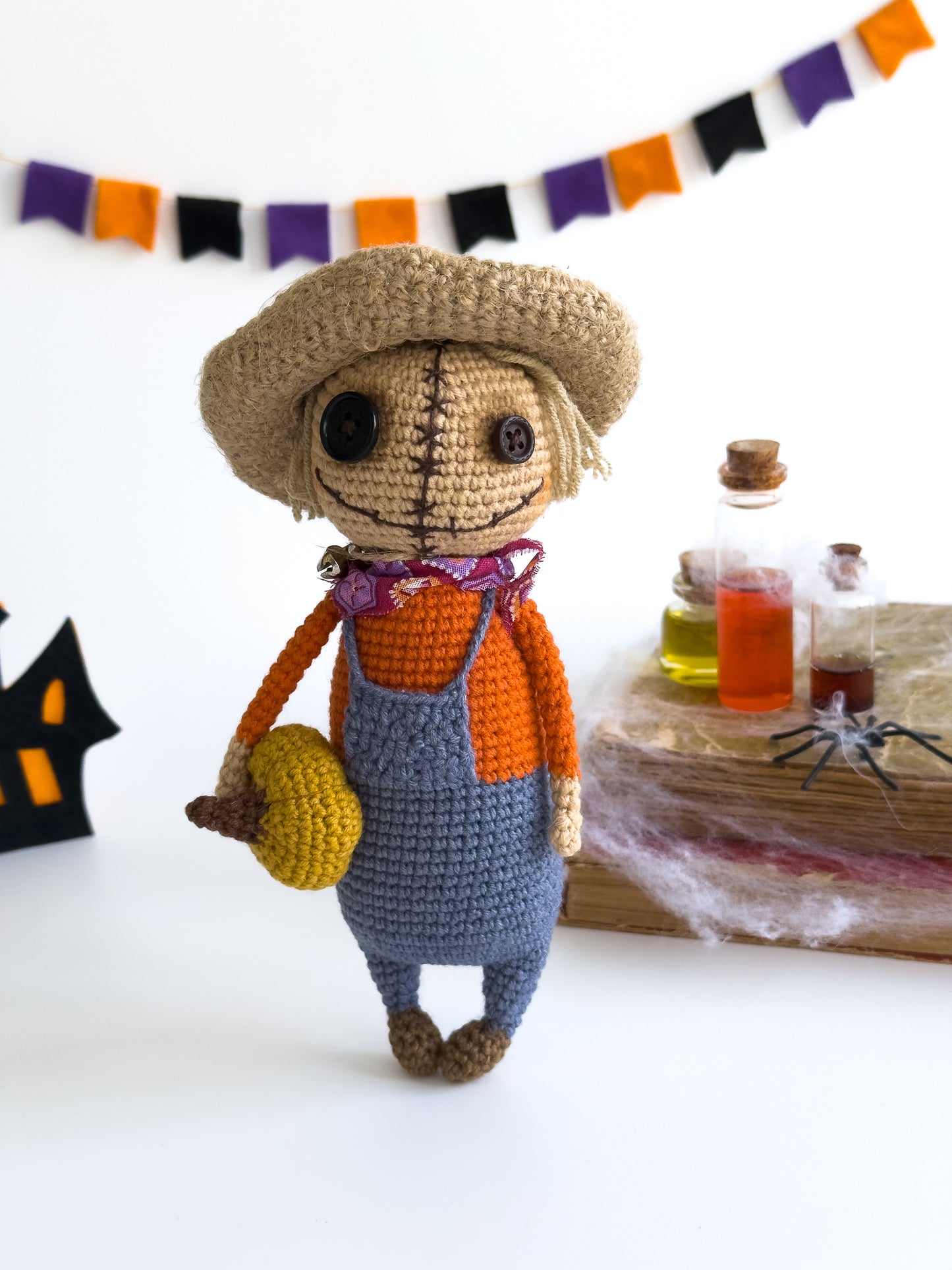 Cute scarecrow plush holding pumpkin – handmade for autumn