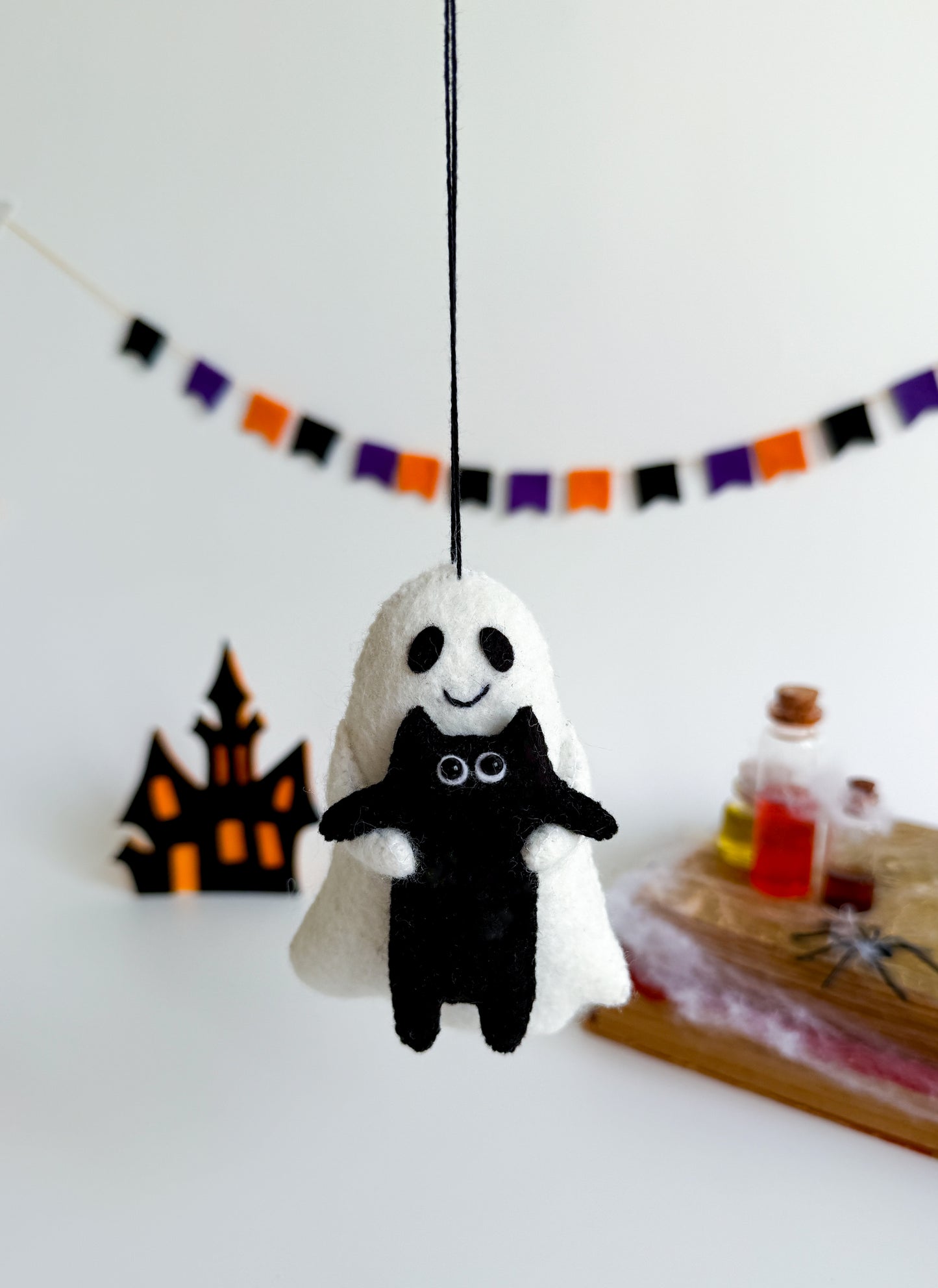Ghost Plush with Black Cat – Handmade Halloween Felt Decoration