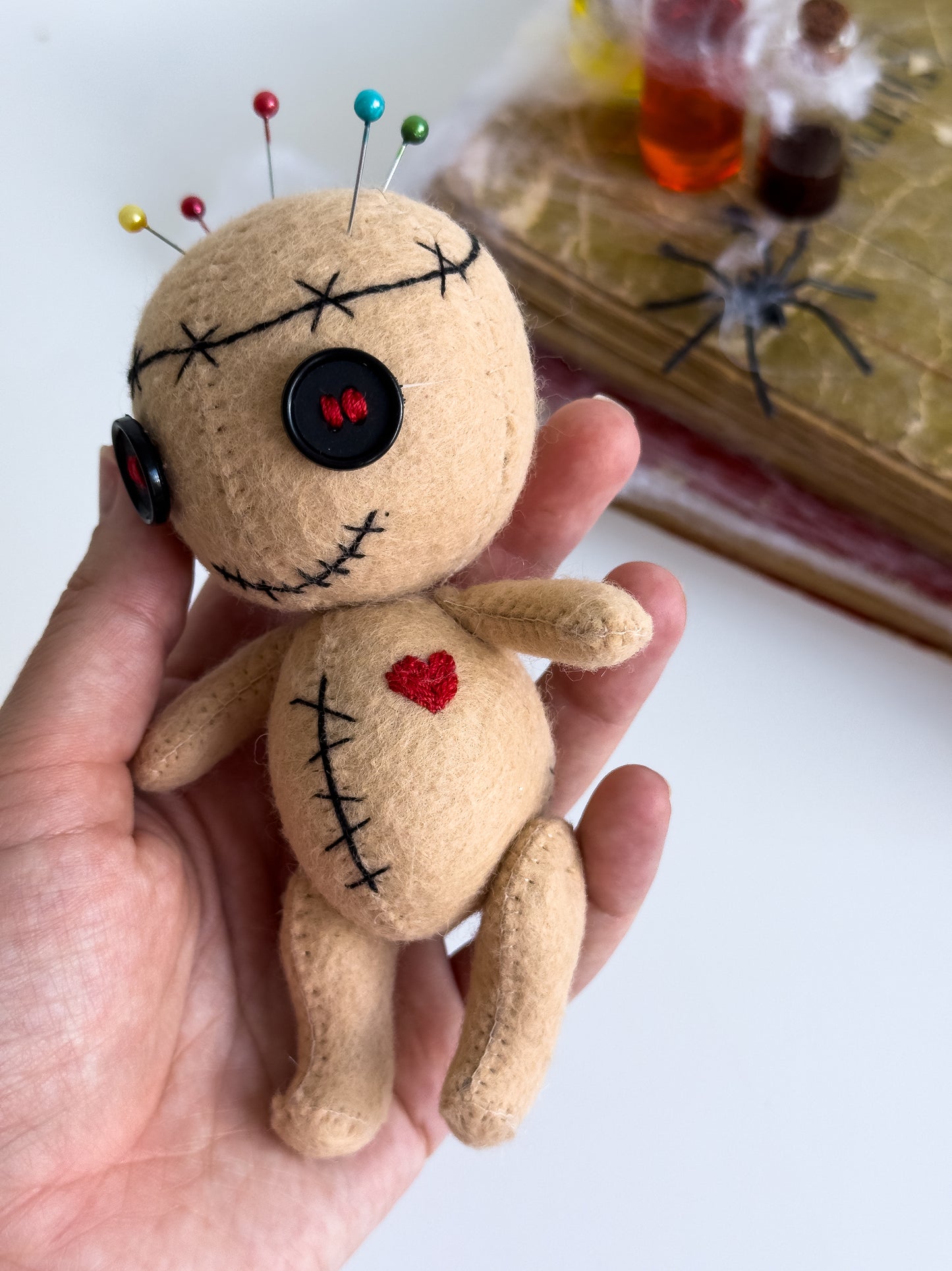 Gothic voodoo doll couple handmade from felt with button eyes and heart