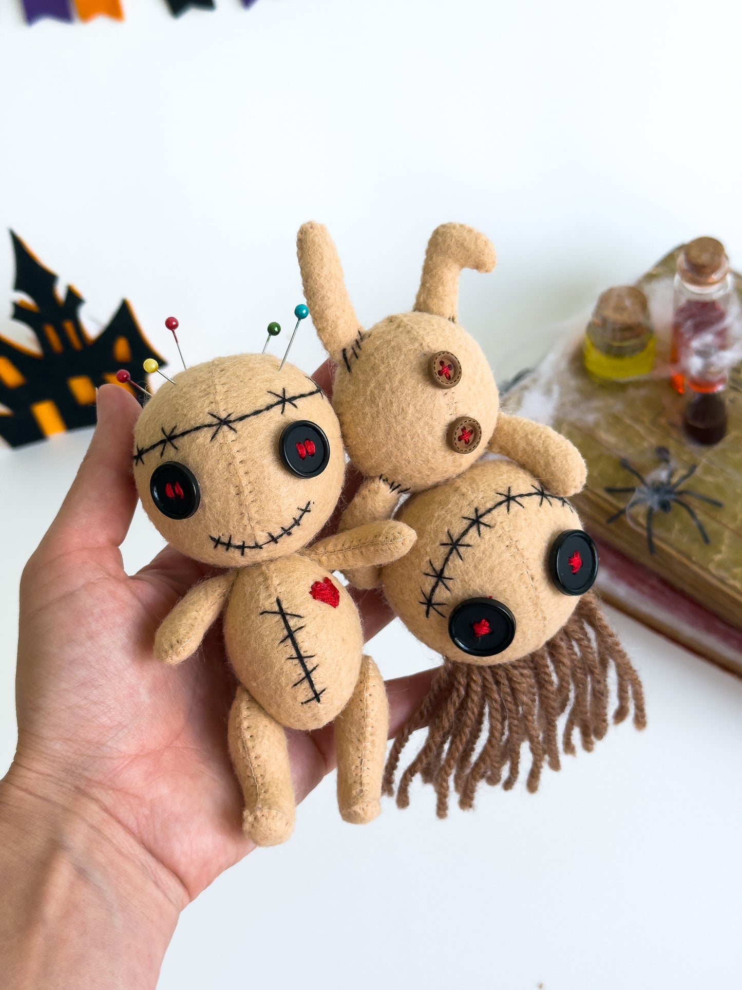 Gothic Halloween plush doll made of felt with button details