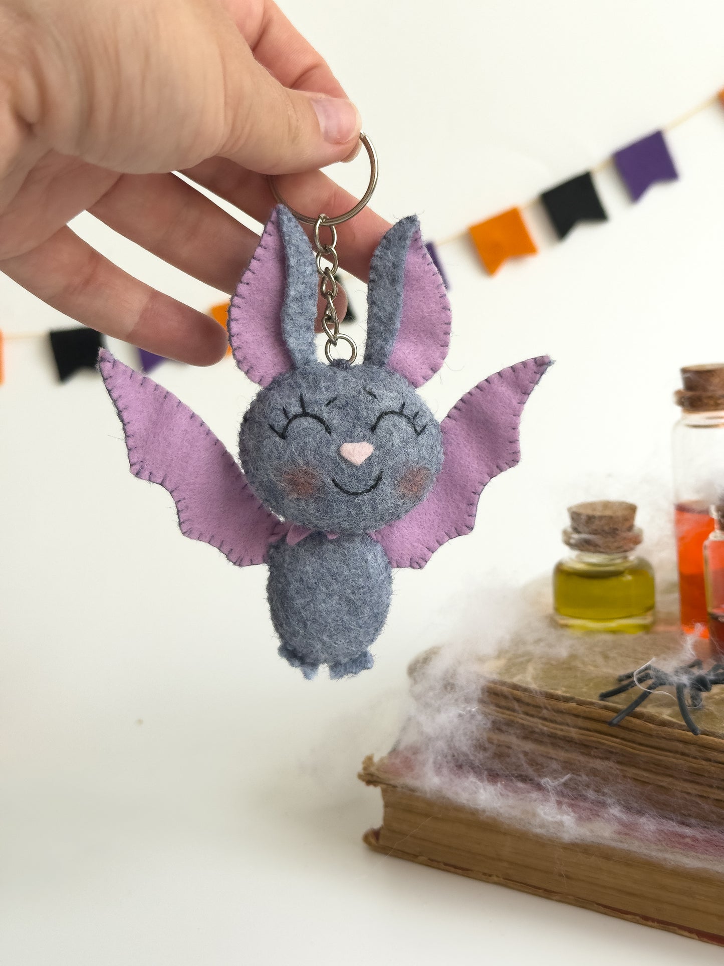 Felt plush bat with purple wings and grey body, adorable gothic Halloween gift idea