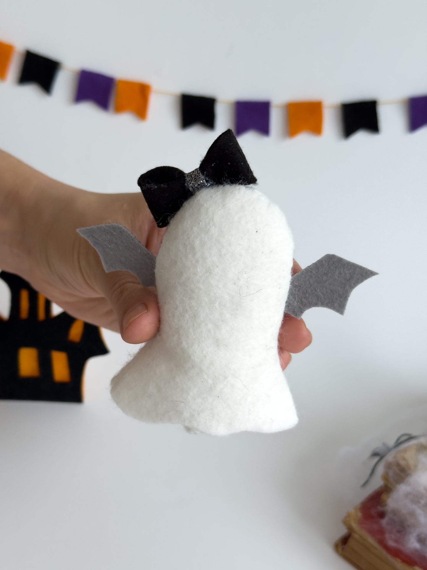 Soft plush ghost Halloween ornament for shelf or tree decor