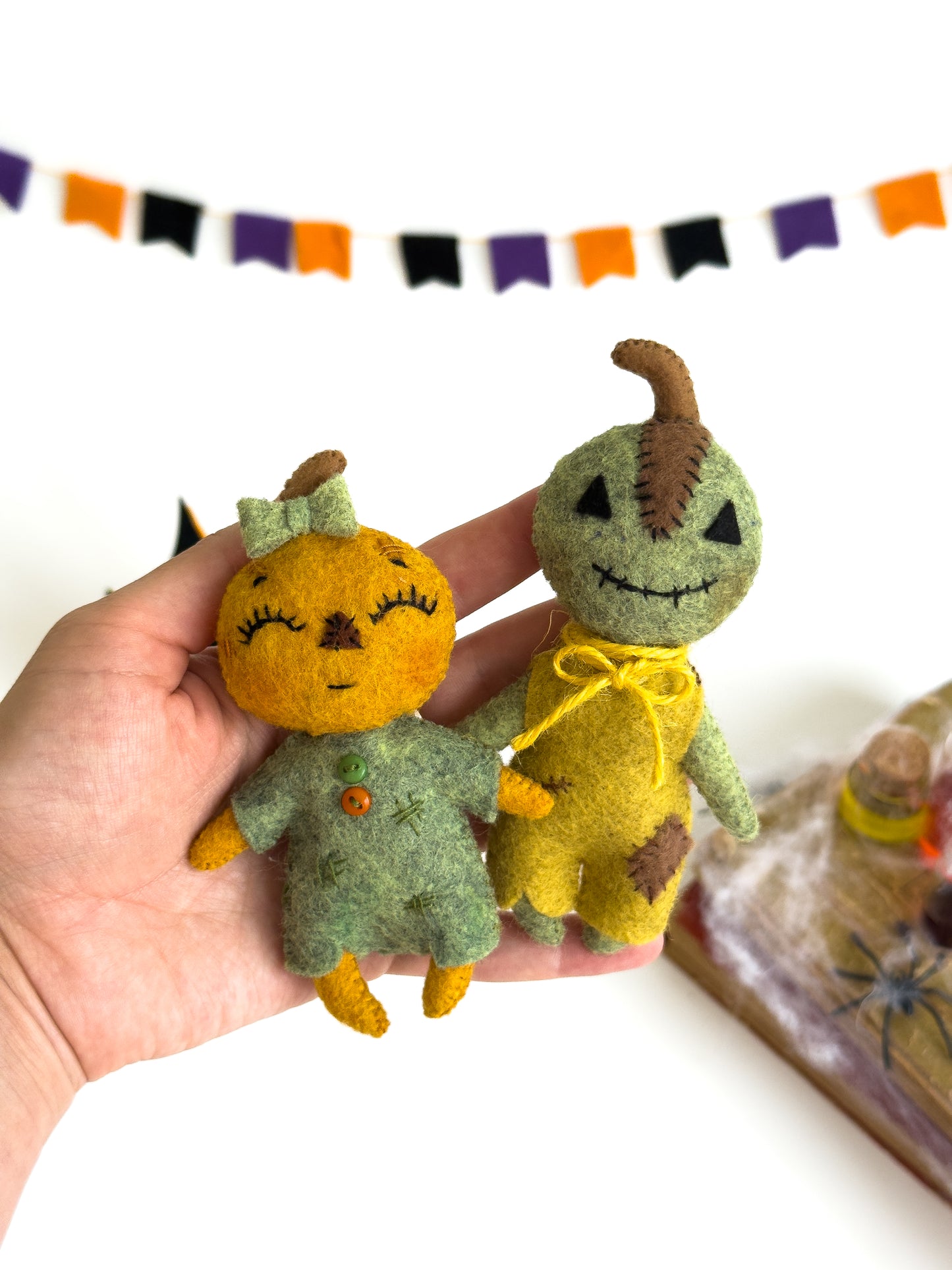 Handmade felt pumpkin boy doll for Halloween decor