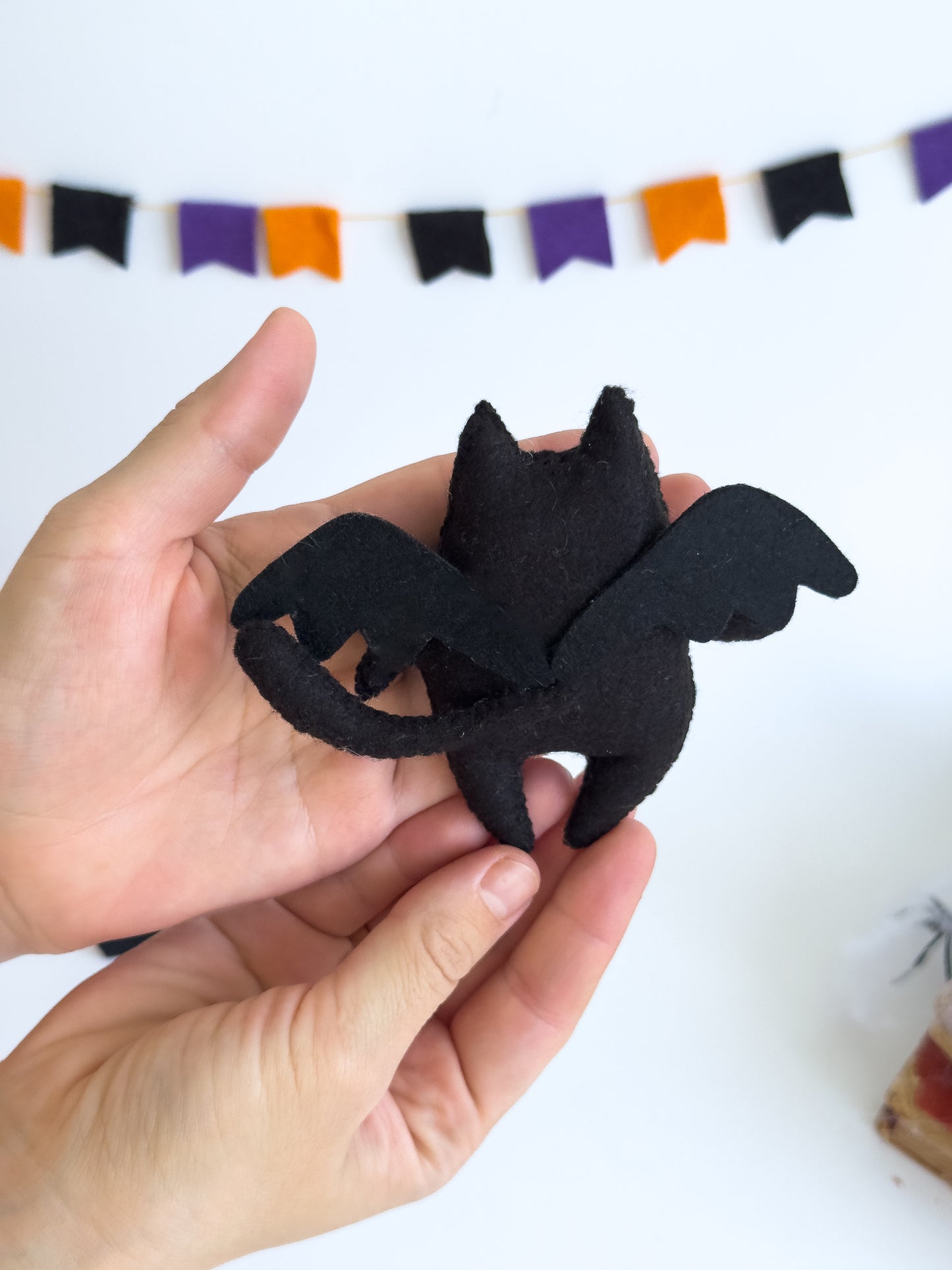 Bat Cat Plush – Black Felt Halloween Cat with Wings – Handmade Spooky Cute Gothic Decoration