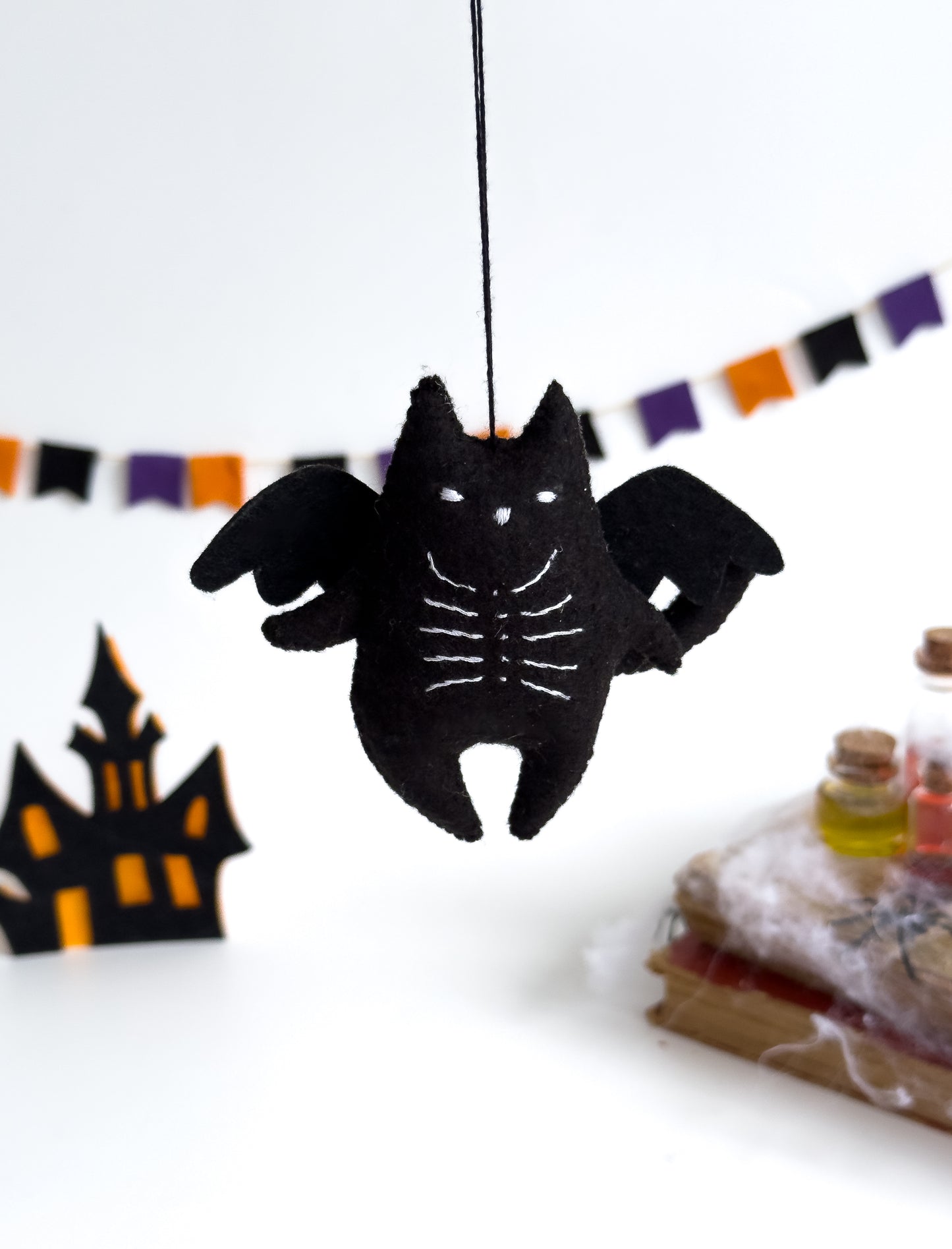 Handmade bat cat plush hanging with wings – Halloween felt toy