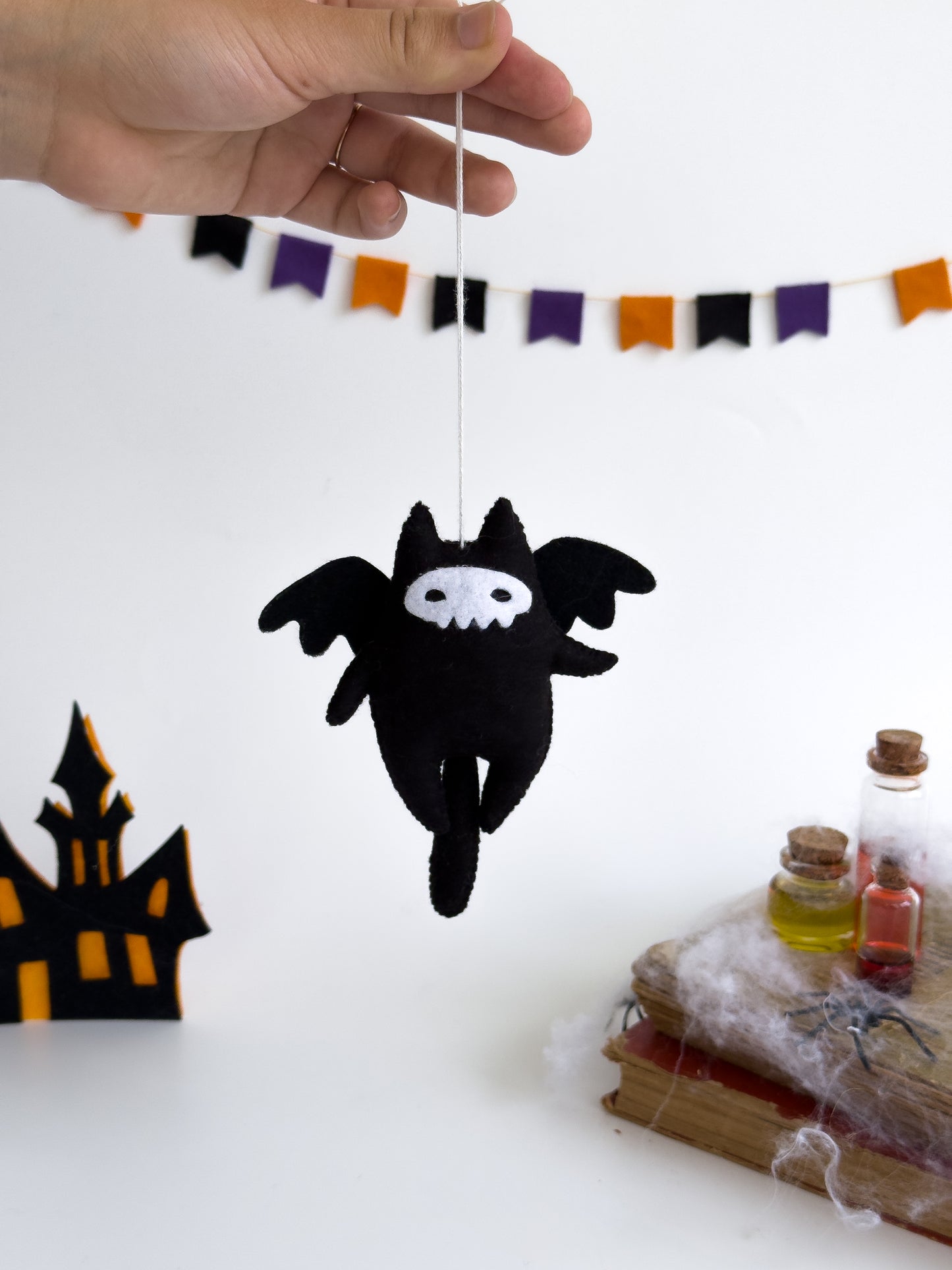 Black Cat Plush with Skull Mask – Gothic Halloween Hanging Decor