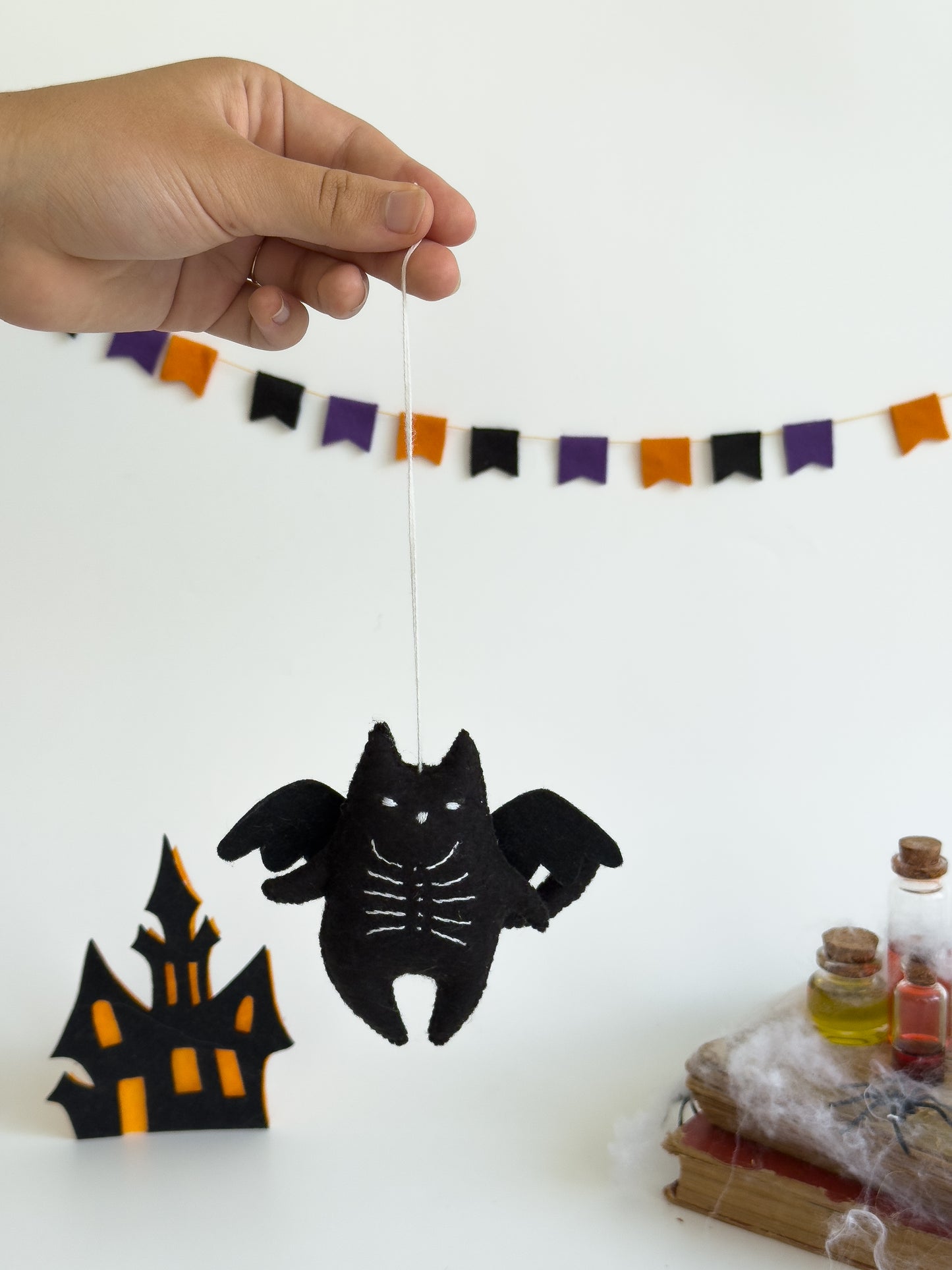 Bat cat felt ornament – gothic black plush with charm