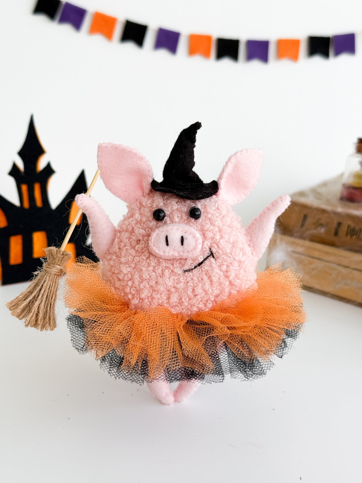 halloween pig plush toy with witch hat and spooky charm