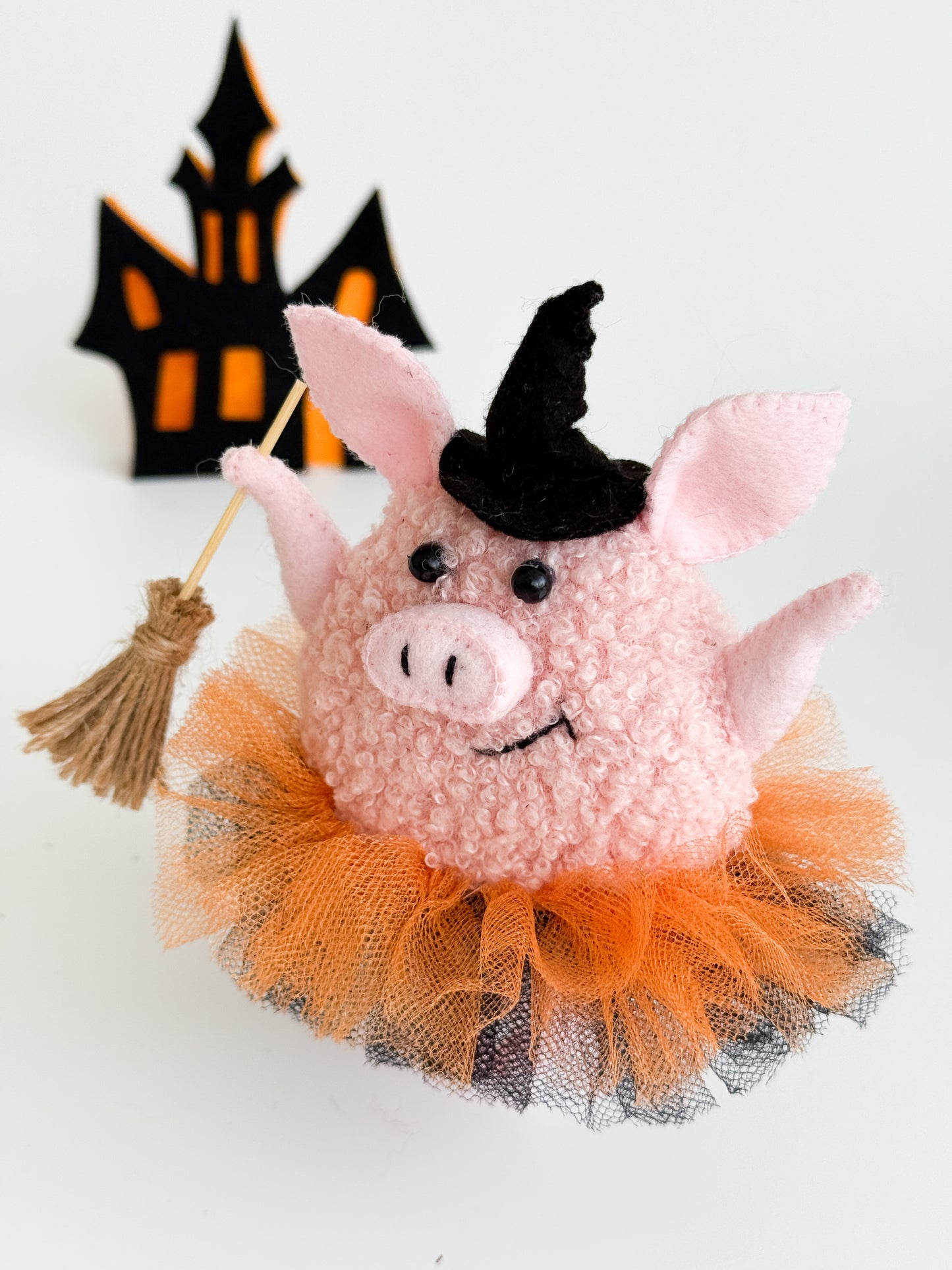gothic soft toy pig made of boucle, felt and tulle