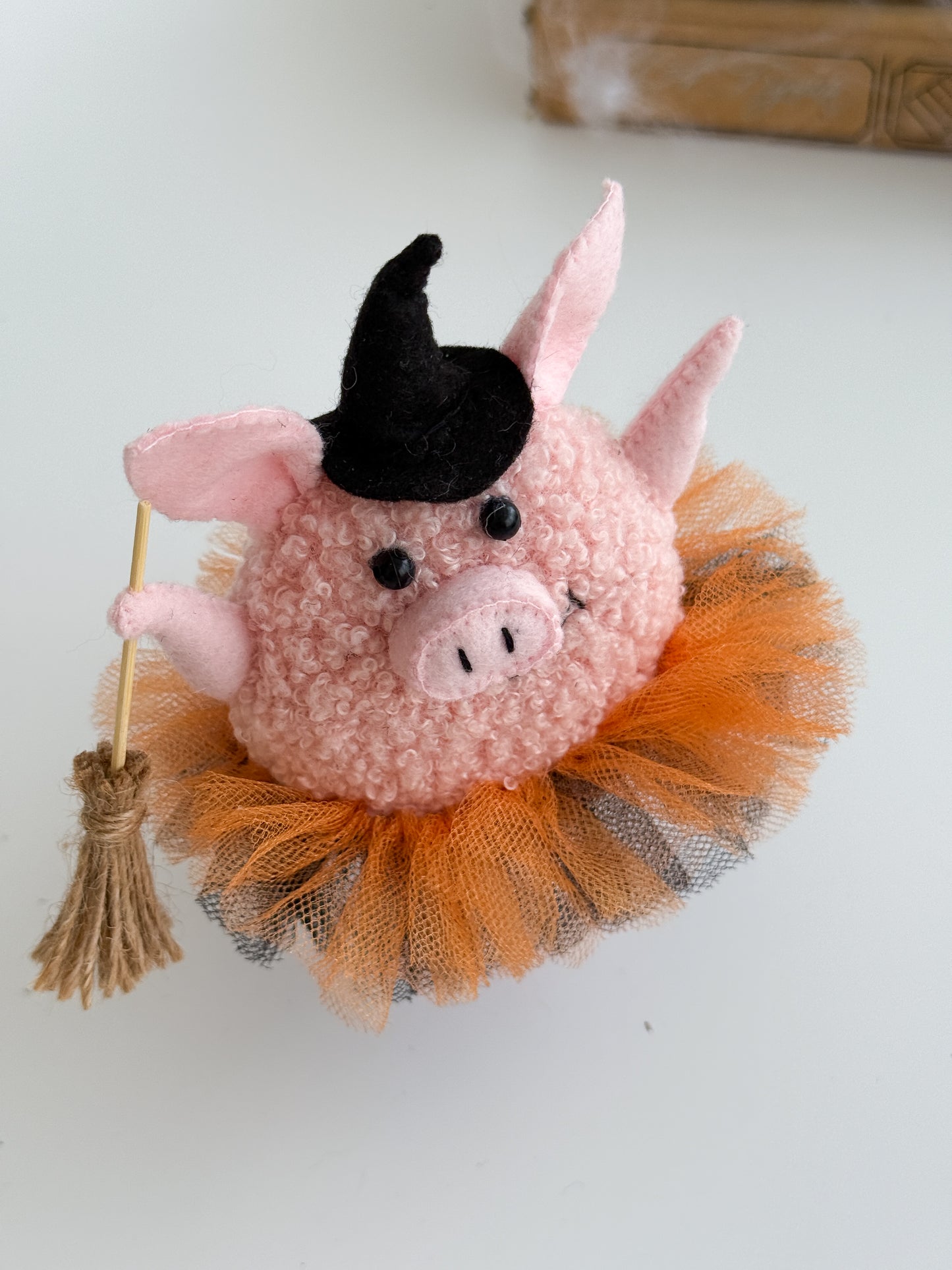 halloween pig plush toy with witch hat and spooky charm