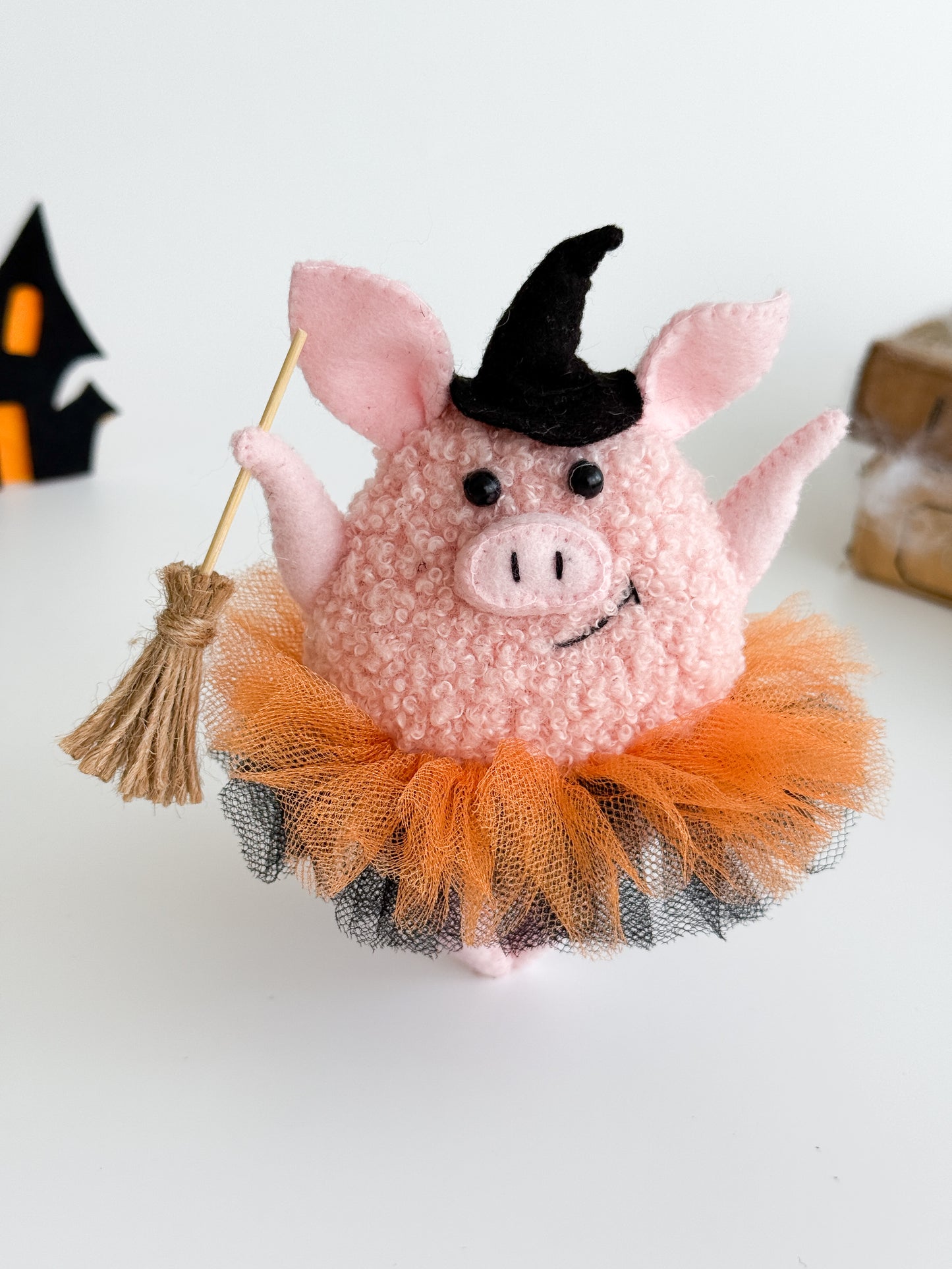 gothic soft toy pig made of boucle, felt and tulle