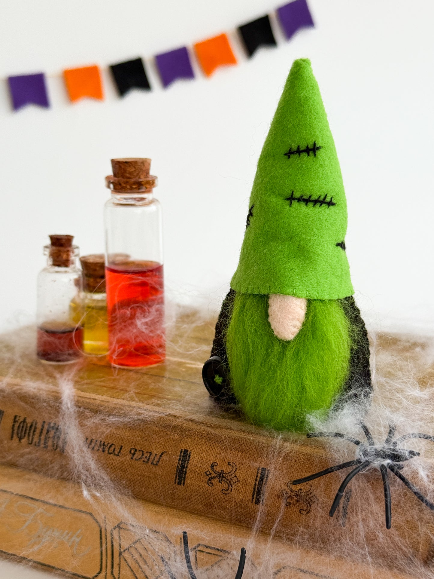 Green felt Halloween gnome with stitched hat and wool beard