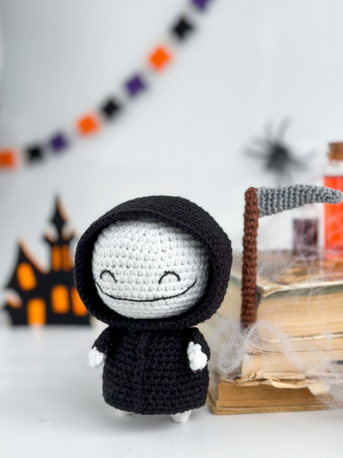 Amigurumi Grim Reaper Doll – Halloween Crochet Death with Scythe | Handmade Halloween Decor | Spooky Gothic Plush Toy - WoollyFox