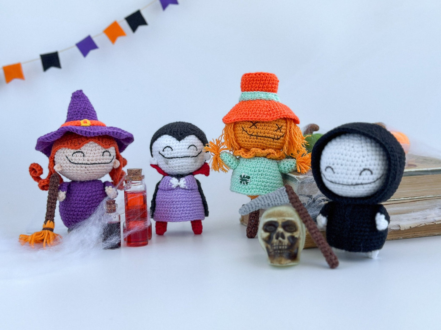 Amigurumi Grim Reaper Doll – Halloween Crochet Death with Scythe | Handmade Halloween Decor | Spooky Gothic Plush Toy - WoollyFox