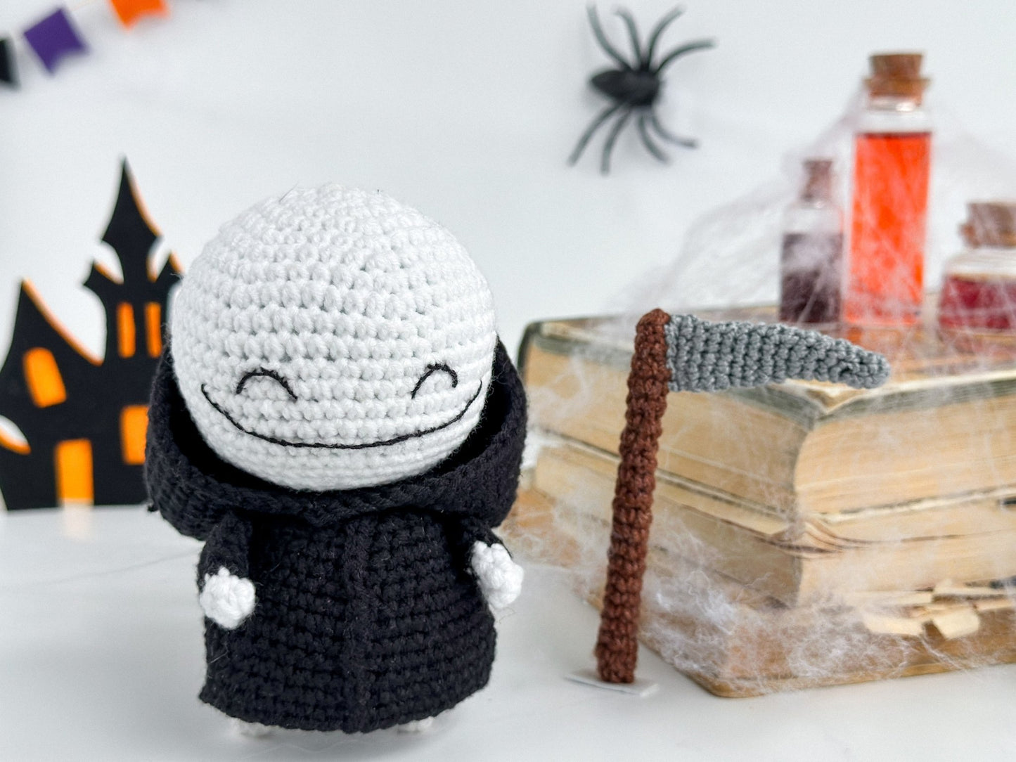 Amigurumi Grim Reaper Doll – Halloween Crochet Death with Scythe | Handmade Halloween Decor | Spooky Gothic Plush Toy - WoollyFox