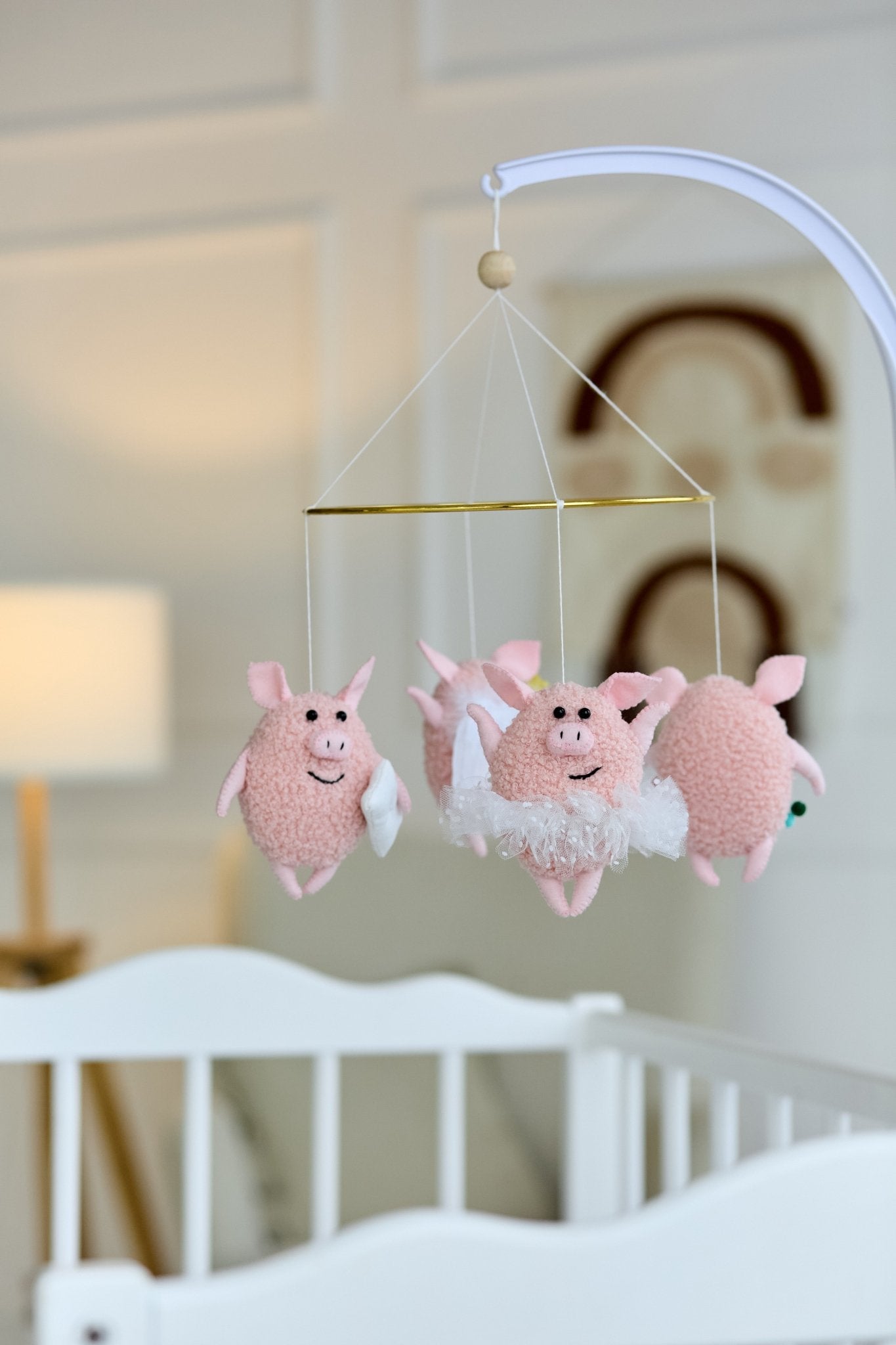 Baby Crib Mobile “Happy Piggies” – Felt and Boucle Farm Animal Mobile for Newborn | Handmade WoollyFox Nursery Decor - WoollyFox