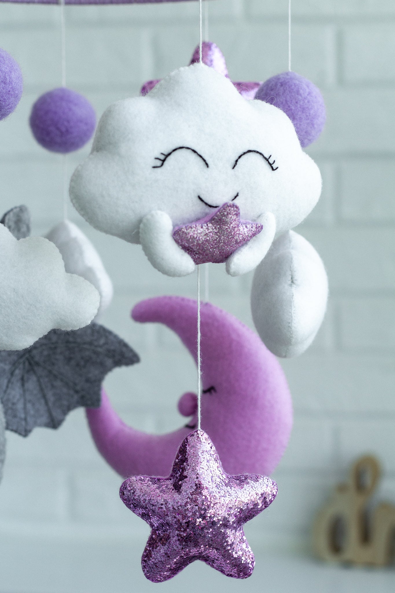 Bat and Cloud Musical Baby Mobile – Lavender Crib Mobile with Moon and Stars - WoollyFox
