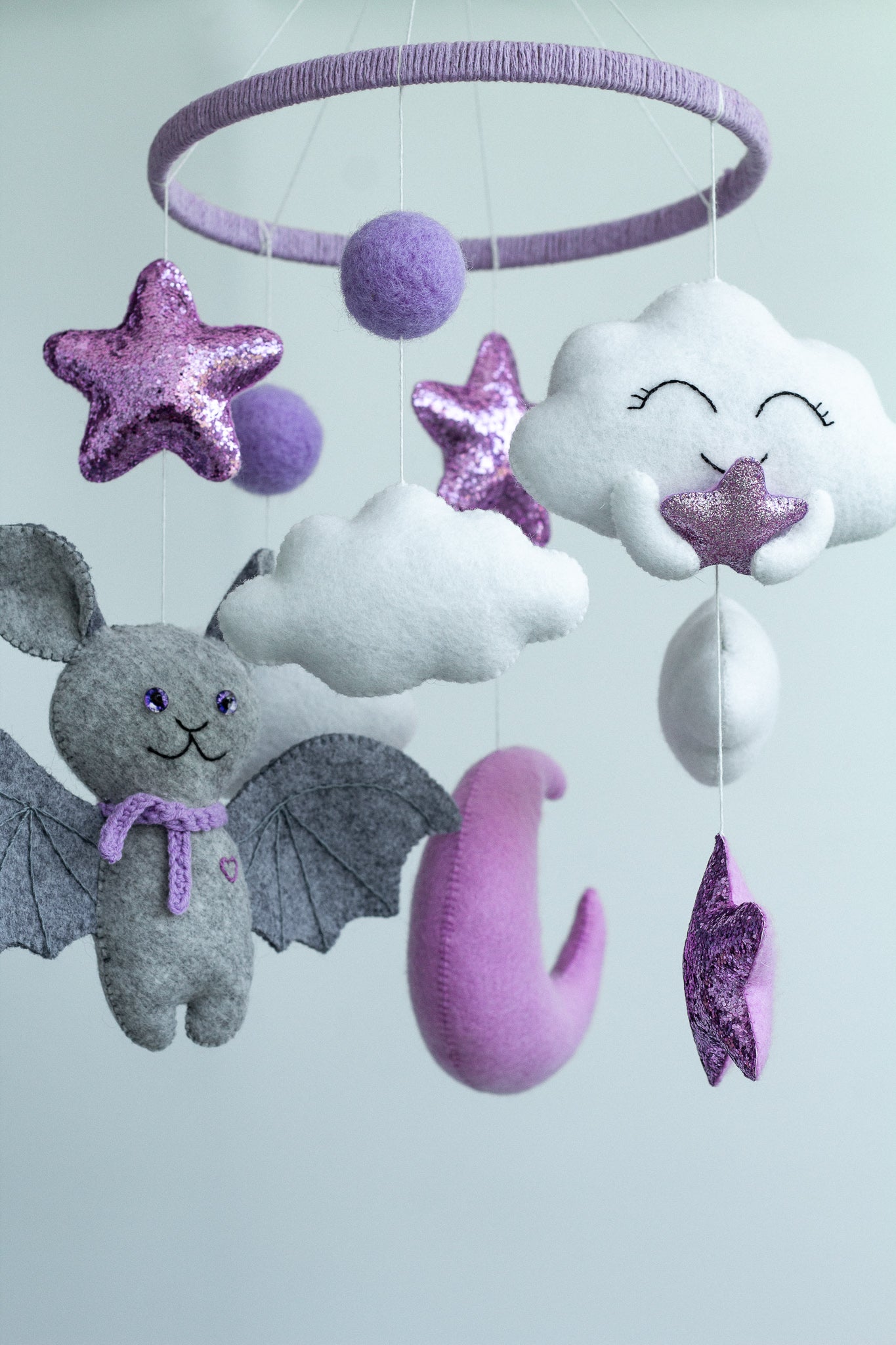 Bat and Cloud Musical Baby Mobile – Lavender Crib Mobile with Moon and Stars - WoollyFox