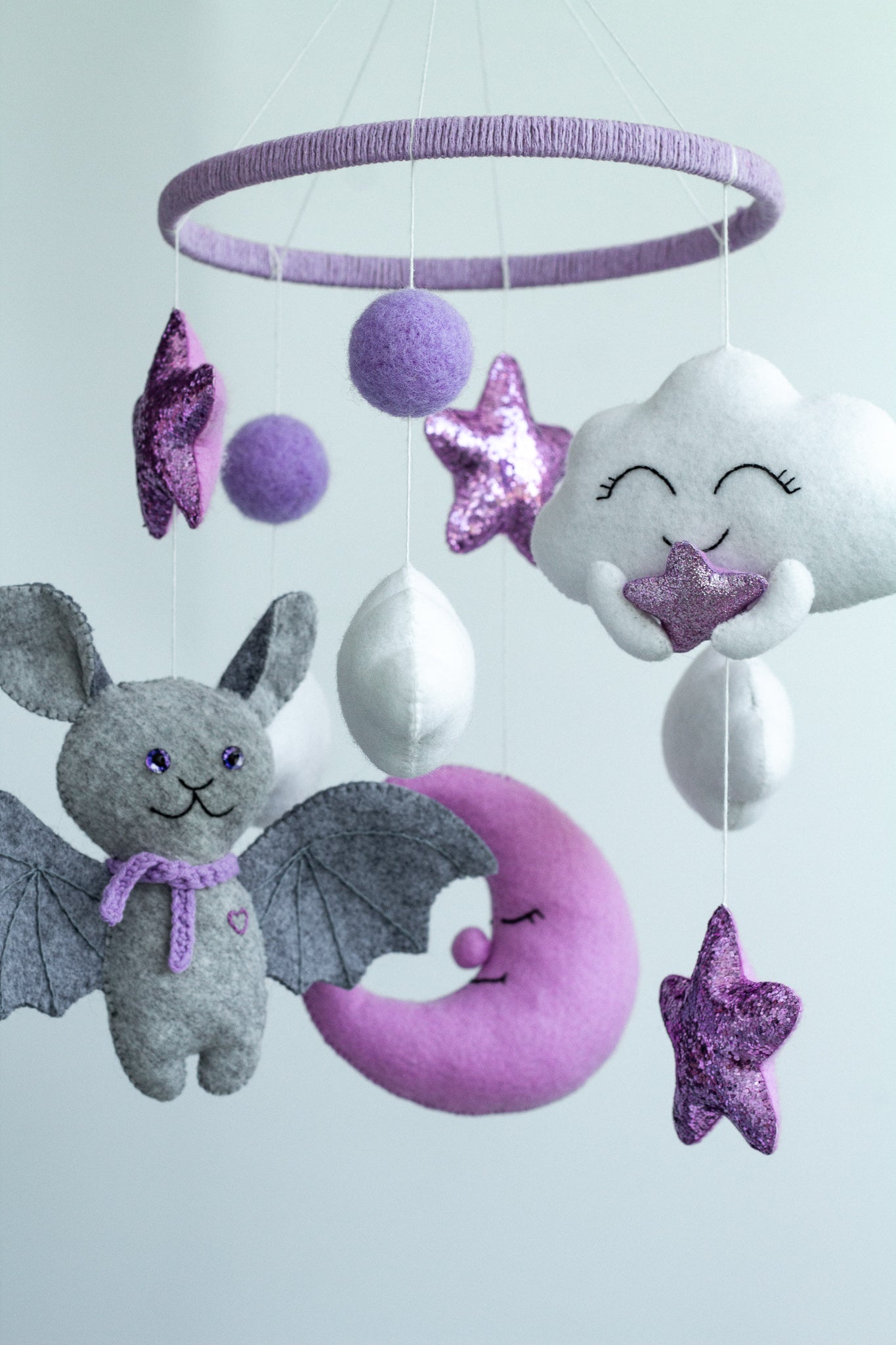 Bat and Cloud Musical Baby Mobile – Lavender Crib Mobile with Moon and Stars - WoollyFox