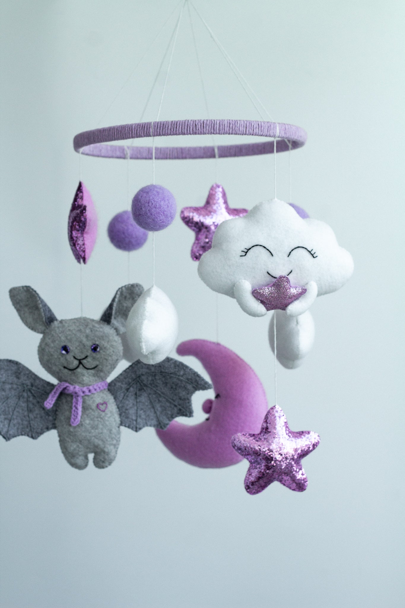 Bat and Cloud Musical Baby Mobile – Lavender Crib Mobile with Moon and Stars - WoollyFox