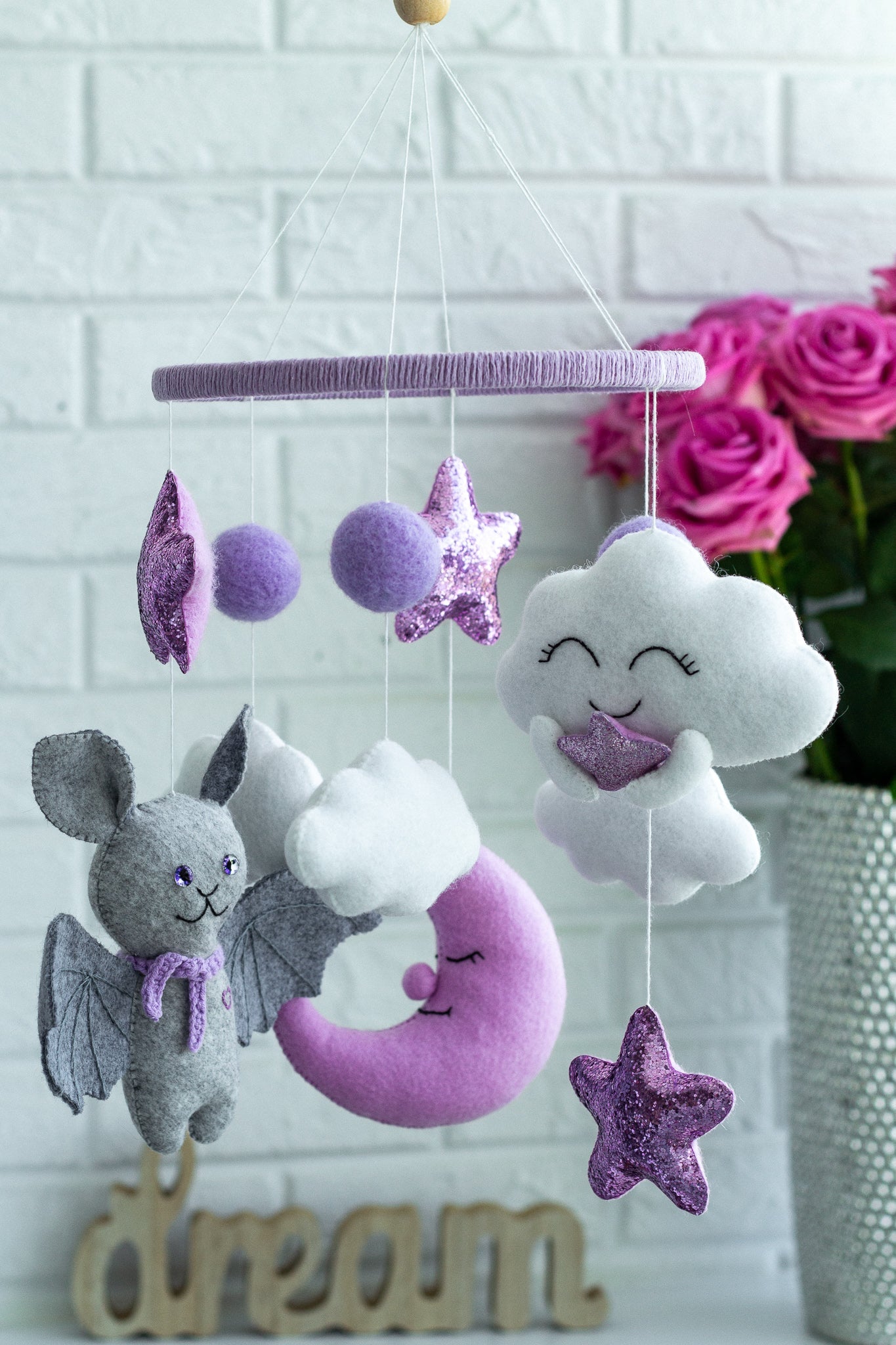Bat and Cloud Musical Baby Mobile – Lavender Crib Mobile with Moon and Stars - WoollyFox