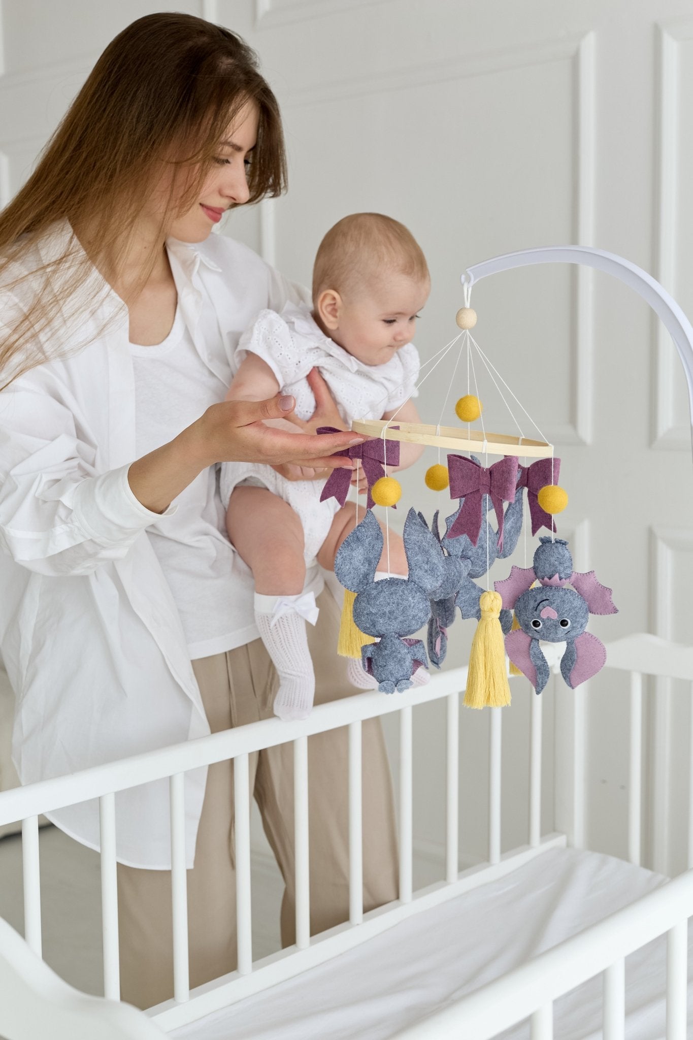 Bat Baby Crib Mobile – Halloween - Inspired Felt Bats with Bows and Tassels - WoollyFox