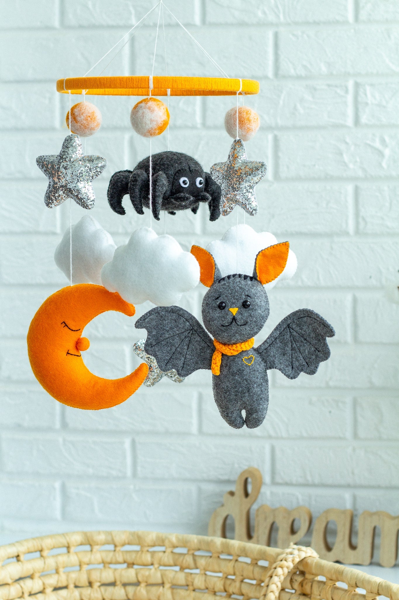 Bat baby crib mobile, New mom gift - WoollyFox