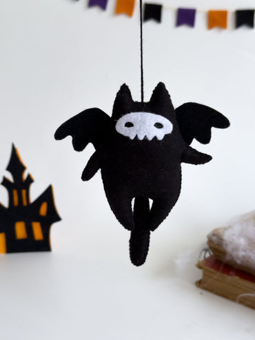 Black Cat Plush with Skull Mask – Gothic Halloween Hanging Decor - WoollyFox