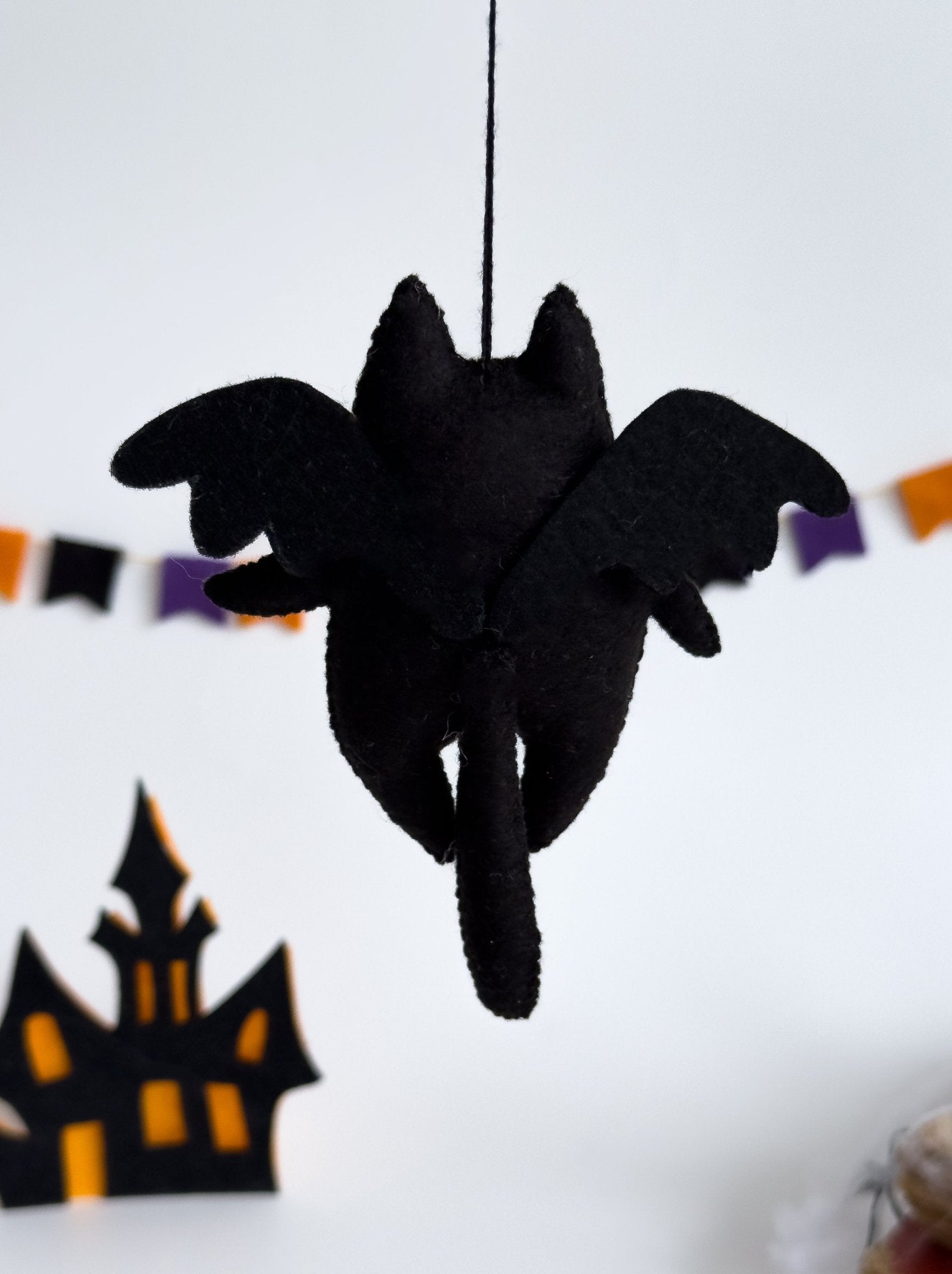 Black Cat Plush with Skull Mask – Gothic Halloween Hanging Decor - WoollyFox