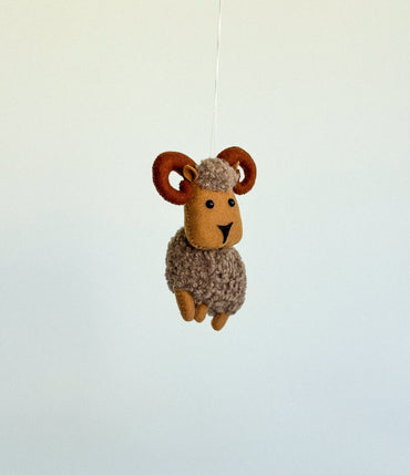 Boucle Brown Ram Toy – Felt Animal Ornament for Play or Decor - WoollyFox