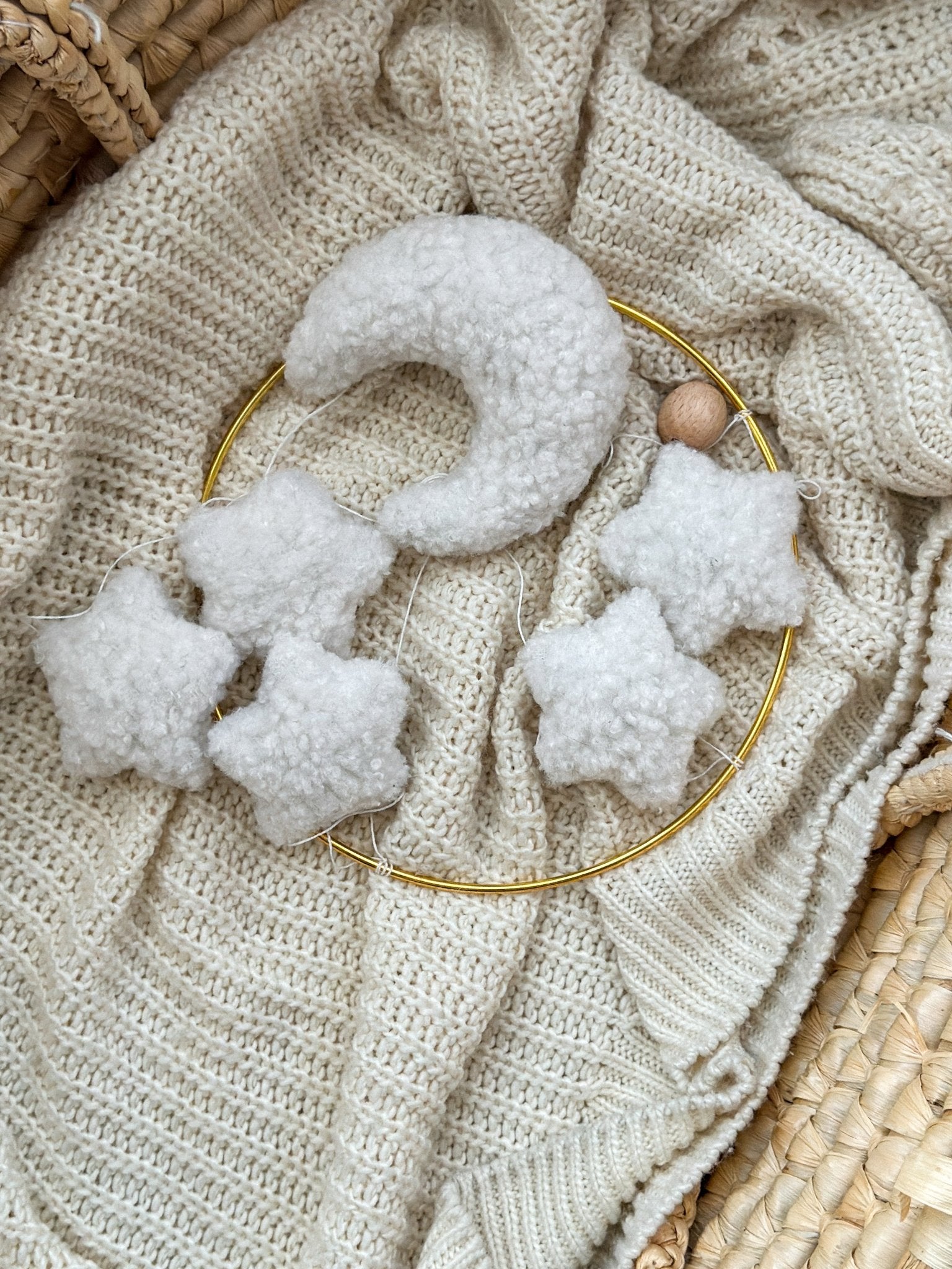 Boucle Moon and Stars Baby Mobile – Neutral Crib Hanging Decor - WoollyFox