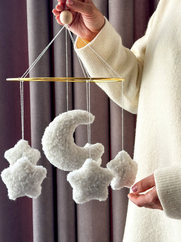 Boucle Moon and Stars Baby Mobile – Neutral Crib Hanging Decor - WoollyFox